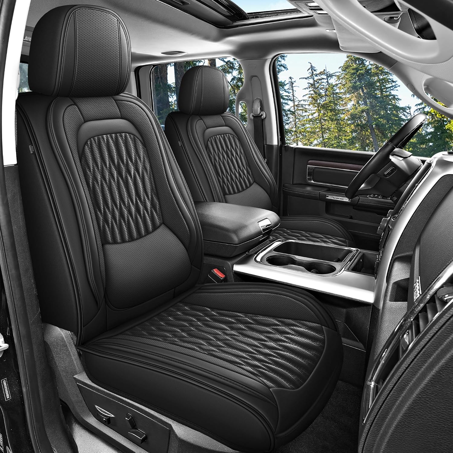 Ram Seat Covers Full Set,Ram 1500 Seat Cover for 2002-2026 Dodge RAM 1500 2500 3500 Crew Quad Cab Classic Bighorn Longhorn Laramie Tradesman with Curved Bench Lumbar Support(5 Seats, Black)