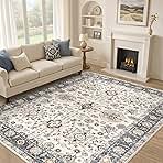 Area Rugs for Living Room: 9x12 Washable Rug Vintage Pattern Large Non-Slip Stain Resistant Soft Durable Floor Carpet for Bedroom, Dining Room, Home Office - Blue