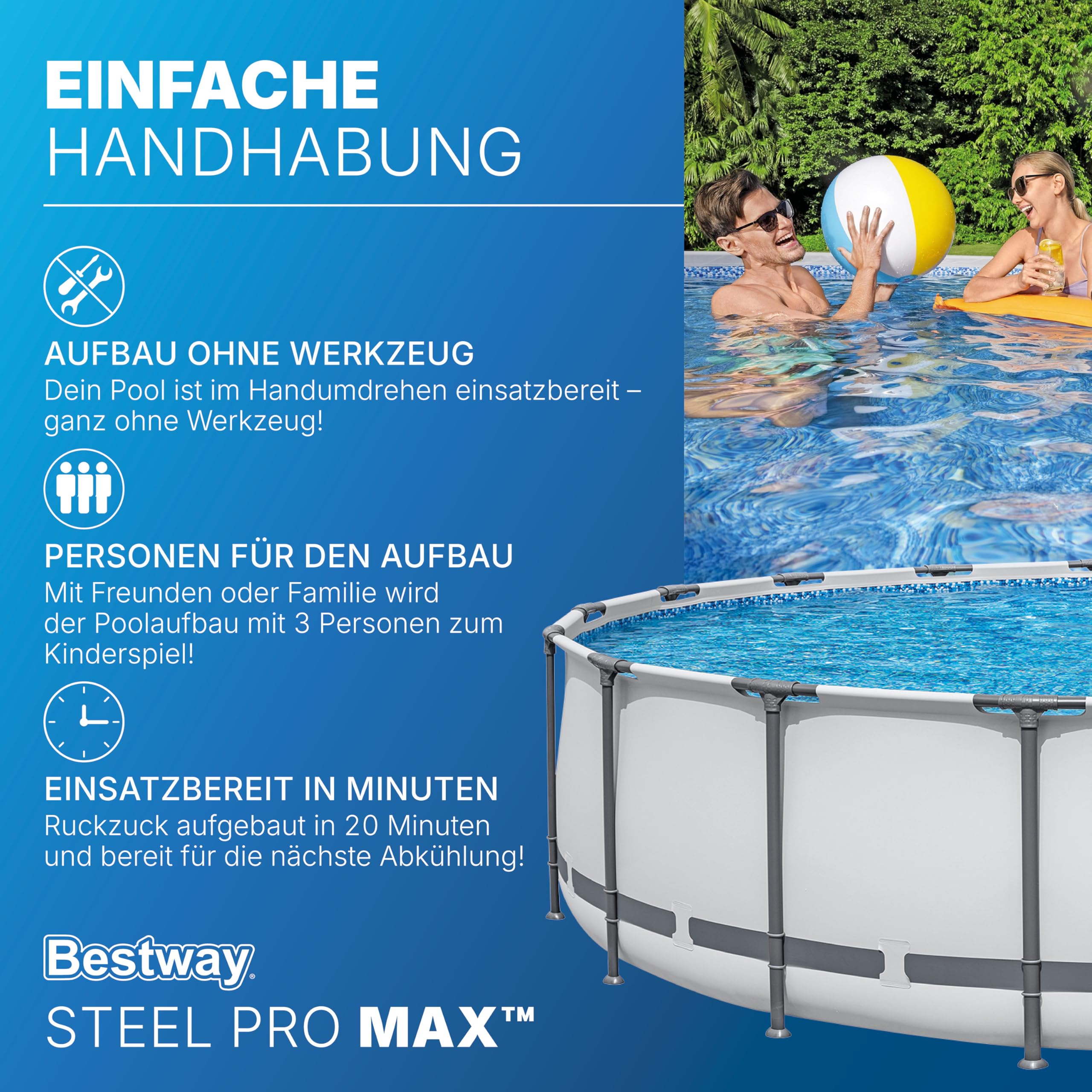 Bestway Steel Pro MAX Frame Pool Komplett-Set mit Filterpumpe Ø 549 x 122 cm, lichtgrau, rund