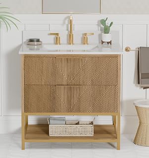 Waymart 30" Single Bathroom Vanity, 31" W x 22" D x 34.5" H, White Quartz Top with Sink & Backsplash, Brown Oak, Solid Wood, Metal Frame, Pre-Assembled, 2 Soft-Close Drawers, 1 Shelf