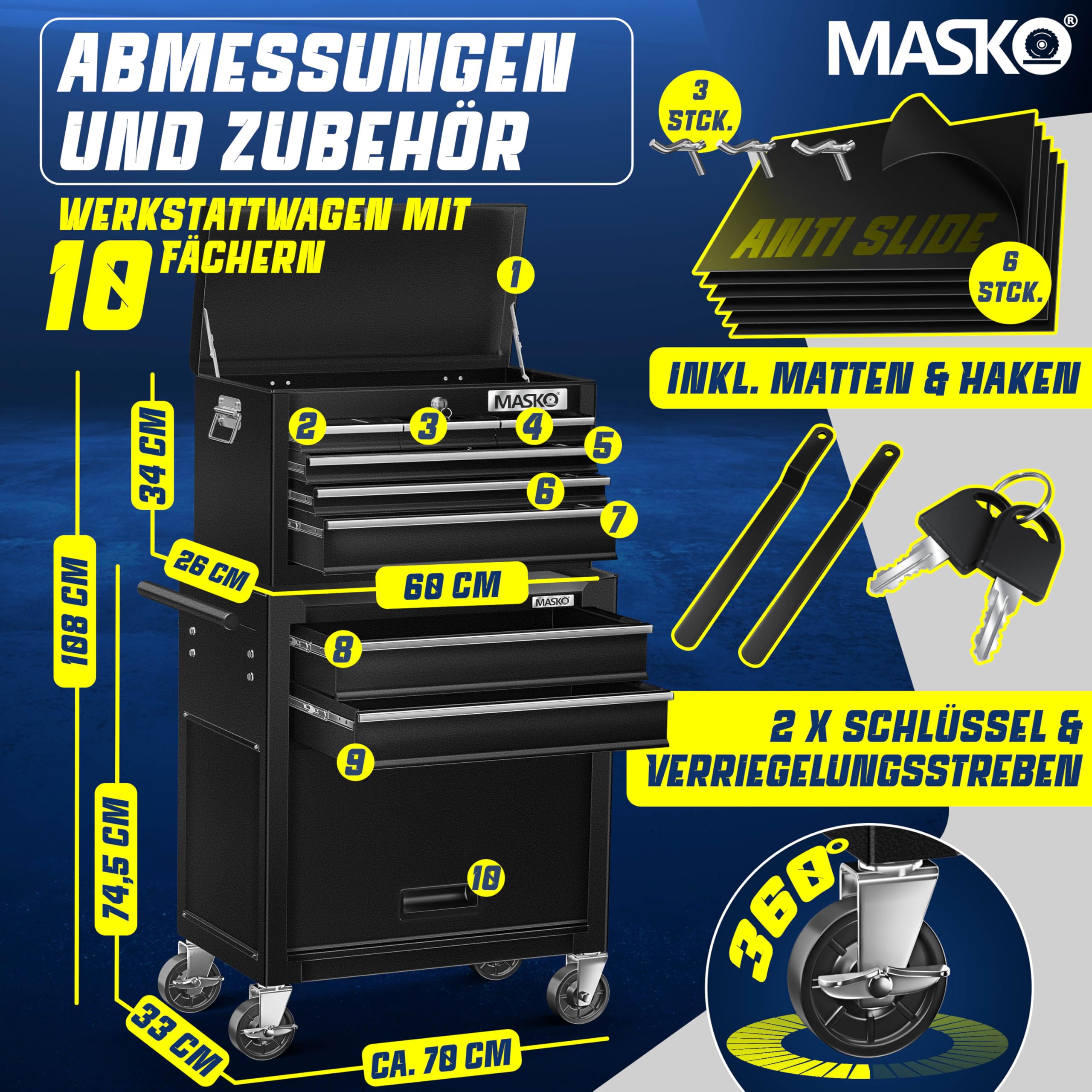 MASKO® Wózek warsztatowy z walizką, 9 przegródek, zamykany, masywny metal, mobilny, profesjonalny z zamkiem, czarny