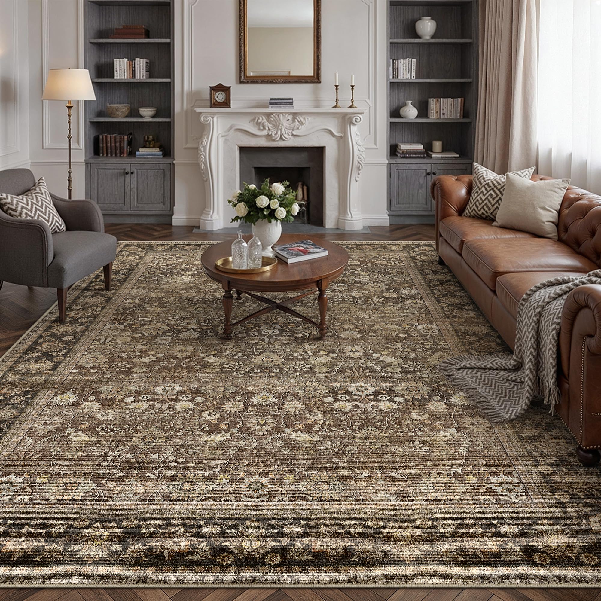 hugear 9x12 machine washable rugs brown living room large area rug indoor accent rug floral mid pile carpet soft soft thicker aesthetic rug bedroom office dining laundry