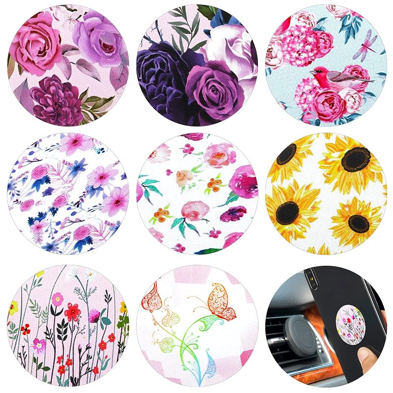 Placas metálicas adesivas florais para suporte magnético de celular Weewooday, redondas, 0,6 mm, kit com 8 unidades