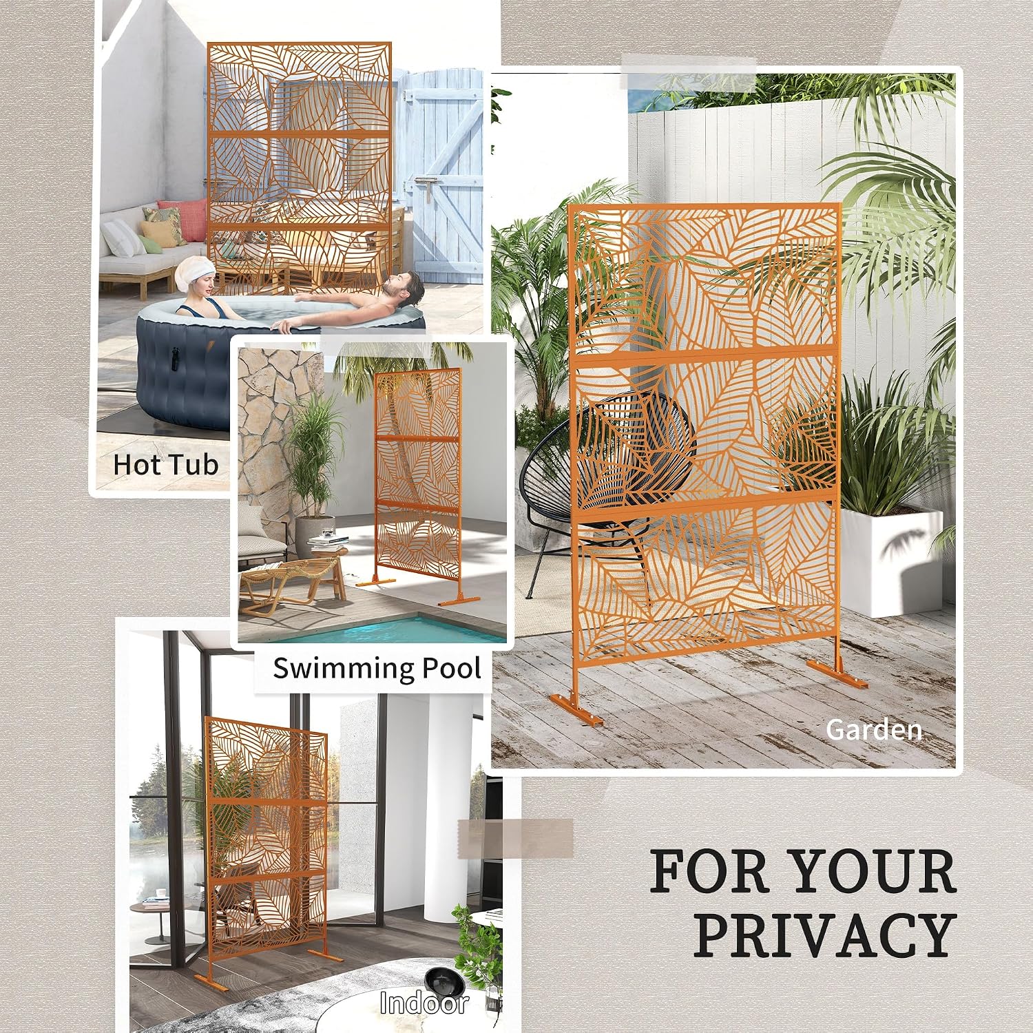 Outsunny Metal Outdoor Privacy Screen, Decorative Privacy Fence Screen, Outdoor Divider with Leaf Motif for Fun Shadows or Use as Climbing Plant Trellis for Garden Walkway, Balcony, Patio, 6.5', Brown