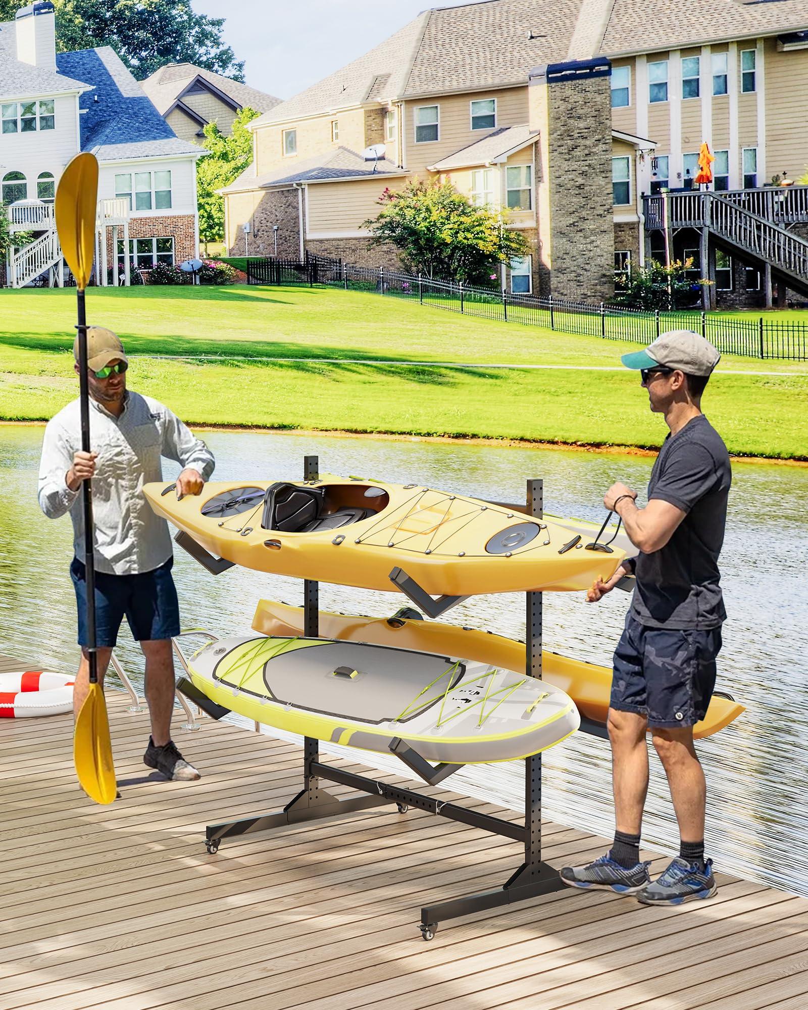 Garvee Rack de Rangement autoportant Double Face, Robuste et réglable, pour 4 Kayaks, canoës, Sup et Planches – roulettes verrouillables – Idéal Garage, abri ou Quai – Spécification : Double Face