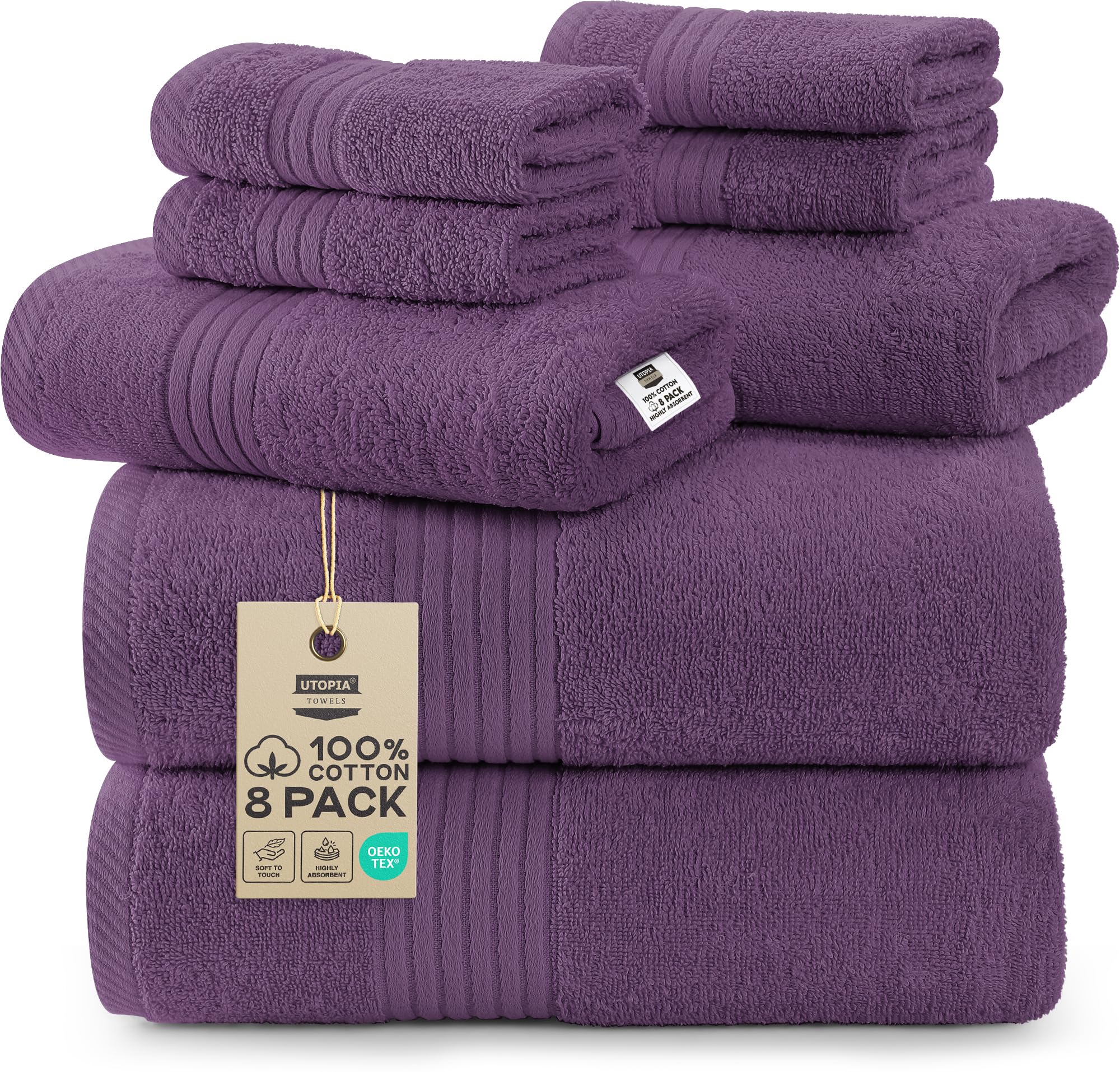 Utopia Towels 8 Piece Premium Towel Set, 2 Bath, 2 Hand, and 4 Washcloths, 100% Ring Spun Cotton, Highly Absorbent Towels for Bathroom, Sports, and Hotel, Plum