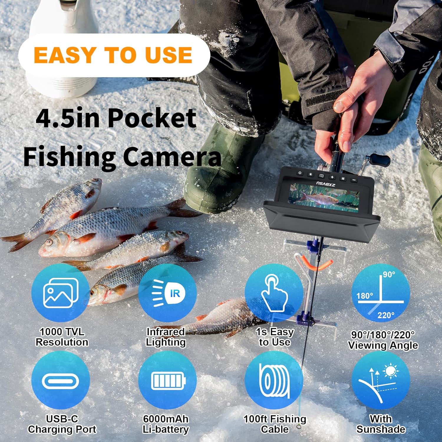 Underwater Fishing Camera with DVR Recording, 4.5" IPS Screen, 220° Ultra-Wide View, 32GB SD Card, 100ft Cable, Ice Fishing Camera, Portable Fish Finder for Lake Kayak Boat Fishing