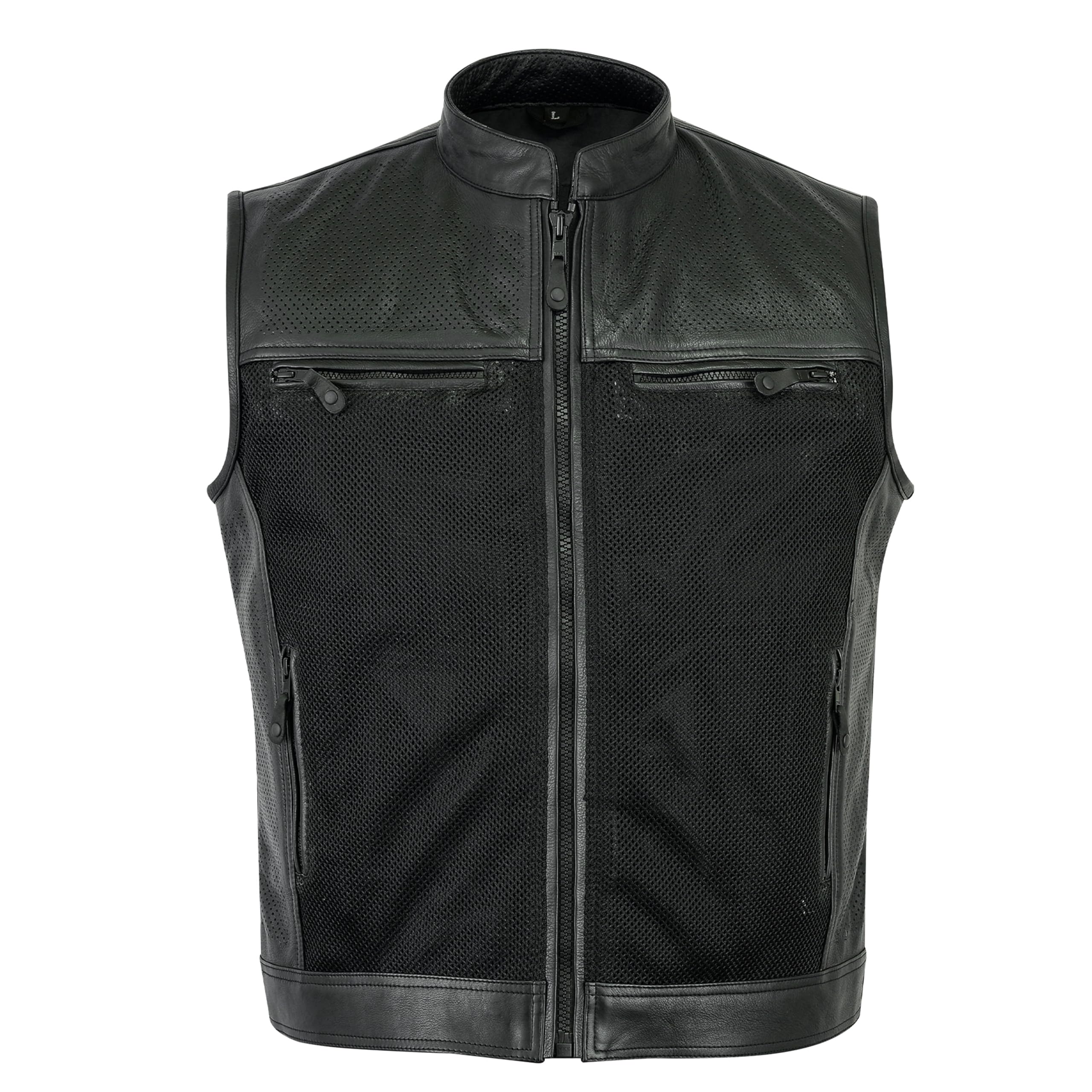 Leatherick Gilet nero da uomo in vera pelle resistente stile traforato, stile Super