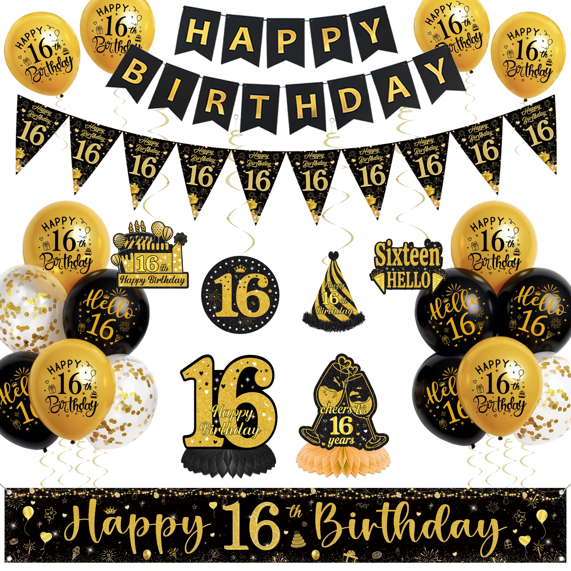 16th Birthday Decorations for Girls Boys, Black Gold Happy 16th Birthday Yard Banner, Triangular Bunting Hanging Swirls and Honeycomb Centrepieces Balloons for 16 Years Old Party Supplies