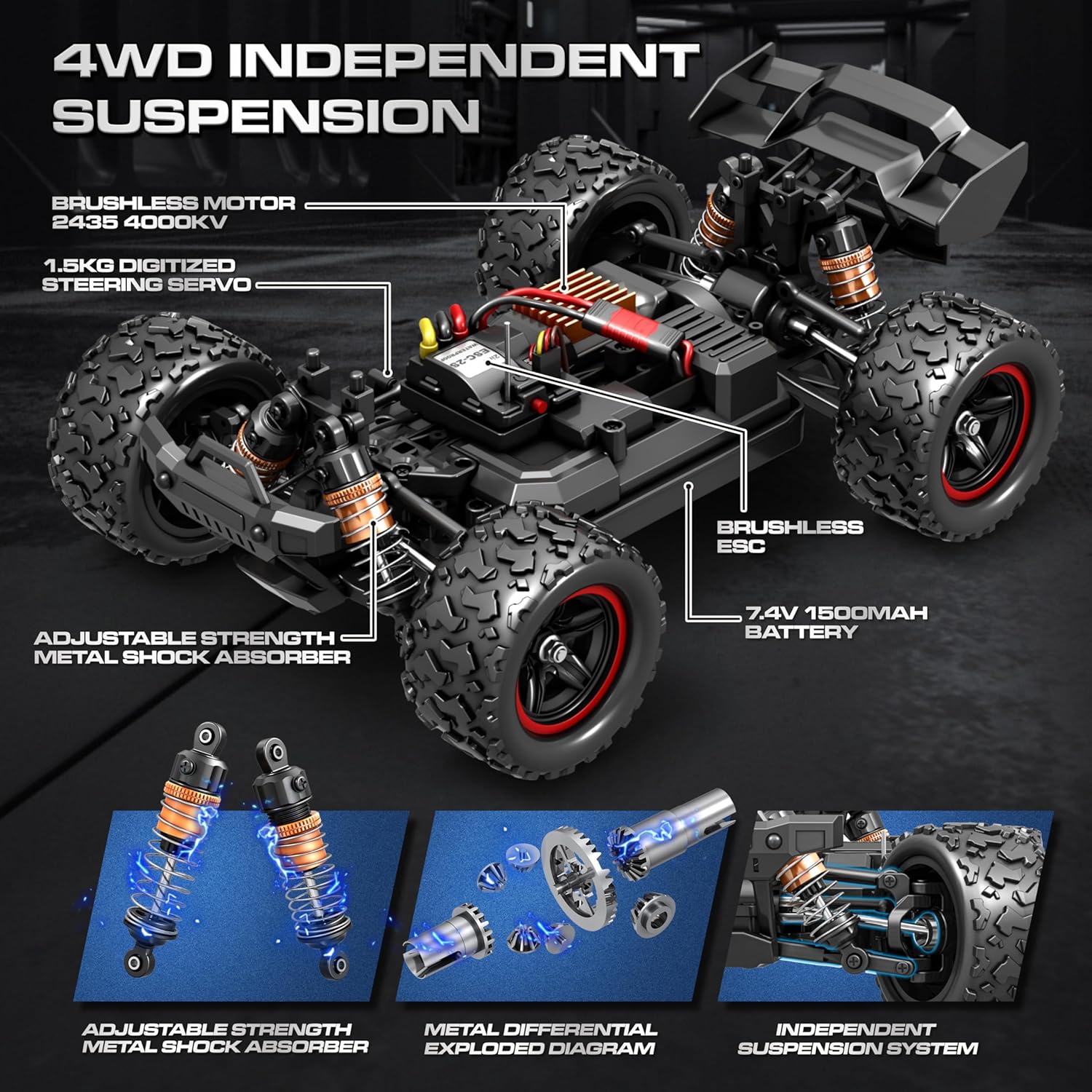 1:18 Brushless RC Cars for Adults & Boys (18426), 50+KPH High Speed Fast 4WD Off-Road RC Truck, 4X4 RC Car Waterproof Remote Control Car with 2 Rechargeable Batteries