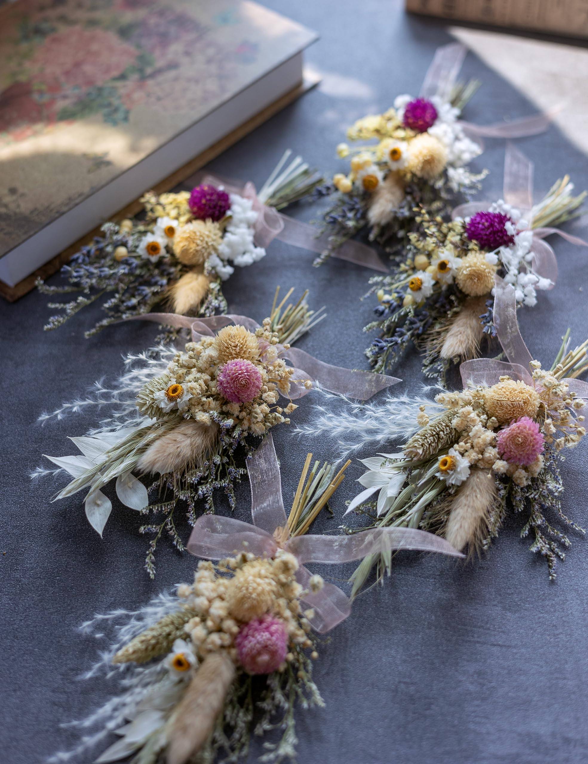 Mini Dried Flower Bouquet Set of 6, Small Bouquets, Bohemian Wedding Table Centerpieces Table Arrangements, Bridesmaid Flower Girl Proposal Gift Box, Birthday Cake Table Vase Decorations. (Pink)