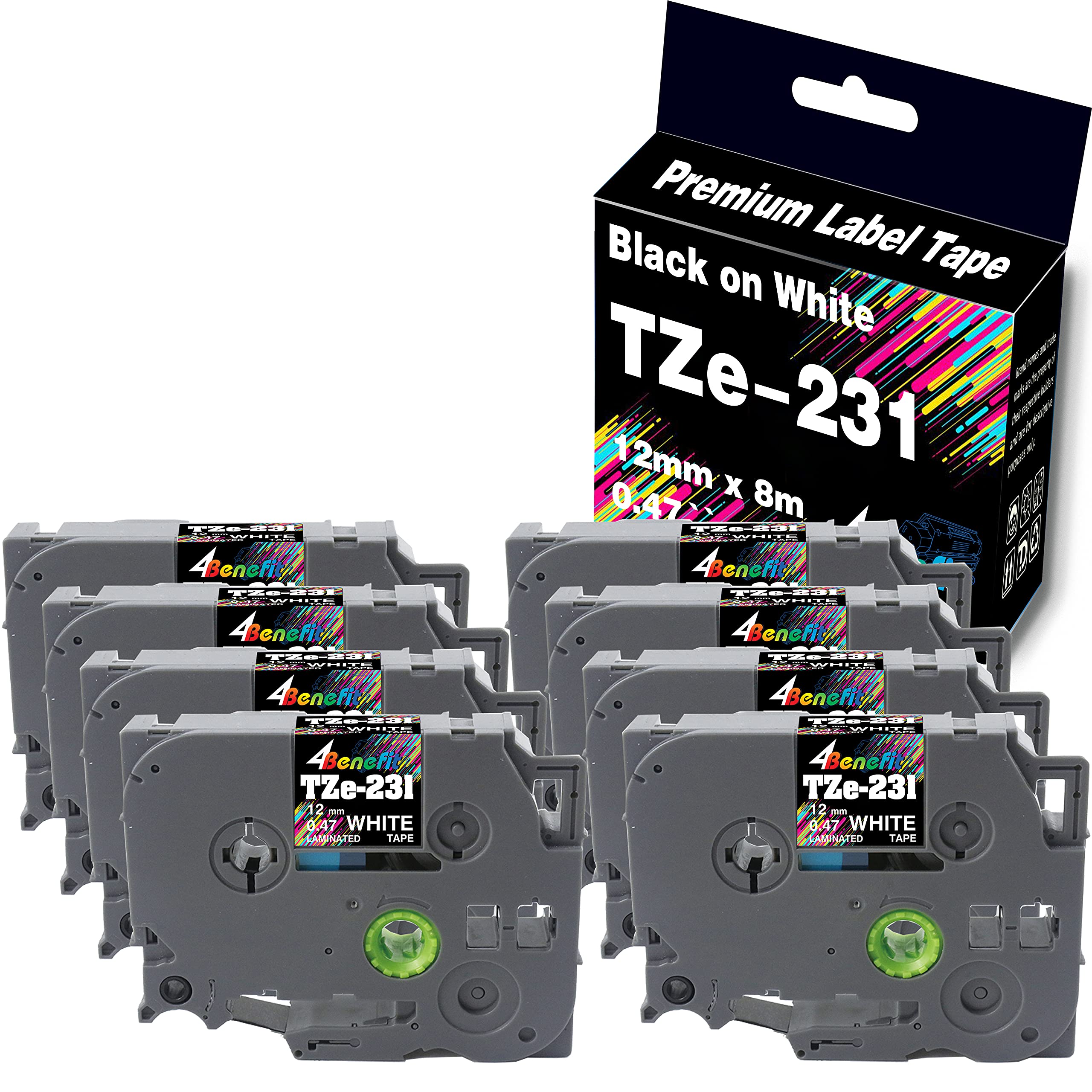 4Benefit Compatible with Label Tape Brother TZe-231 TZ-231 TZe231 (8-Pack) P Touch Label Maker Tape for PT-1000 D210 H110 D600, Black-on-White