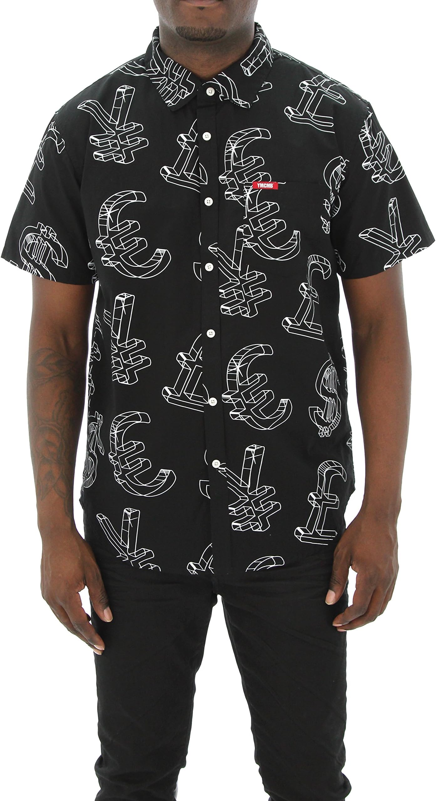 YMCMB Men's Currency Woven Button Up Short Sleeve Shirt-Black-S