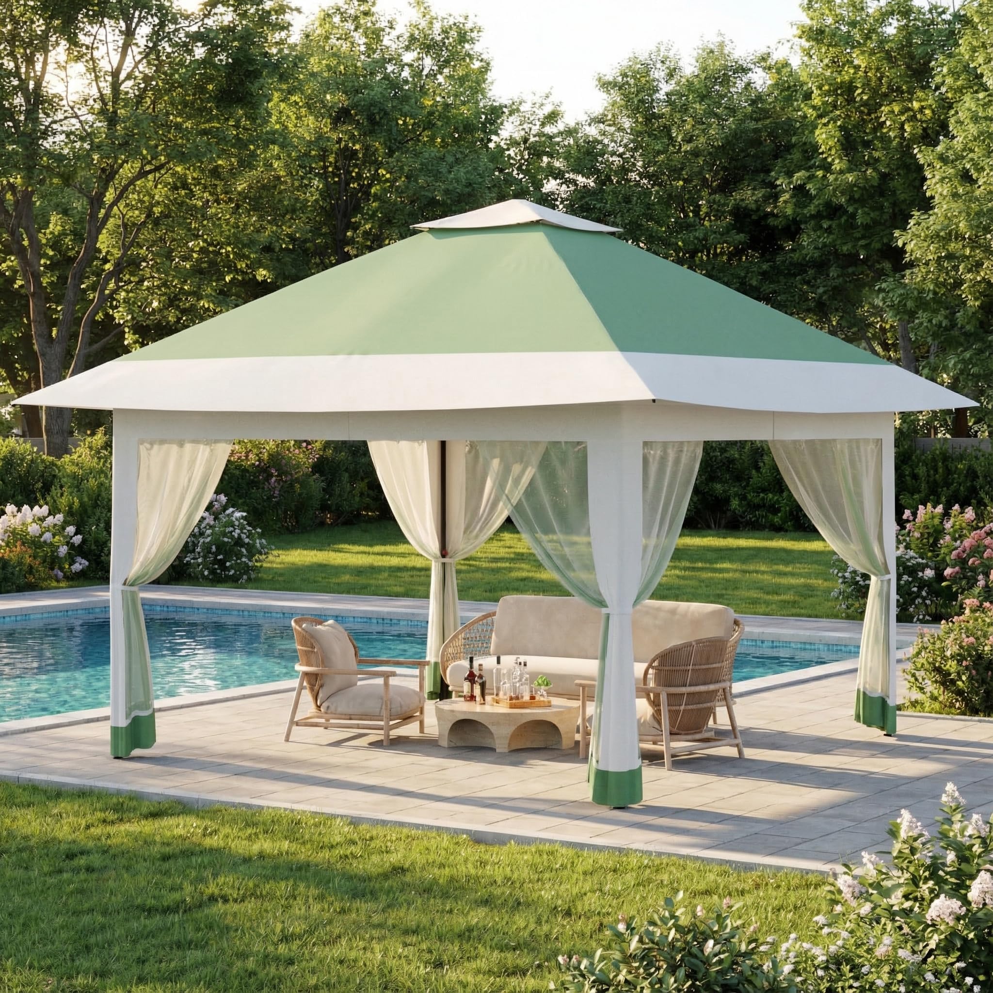 4m x 4m Pop Up Gazebo, Outdoor Instant Patio Canopy Shelter with Ventilated 2-Tier Top & High Density Mosquito Netting, Double Roof Pop Up Party Tent Canopy with Extended Eaves for Backyard