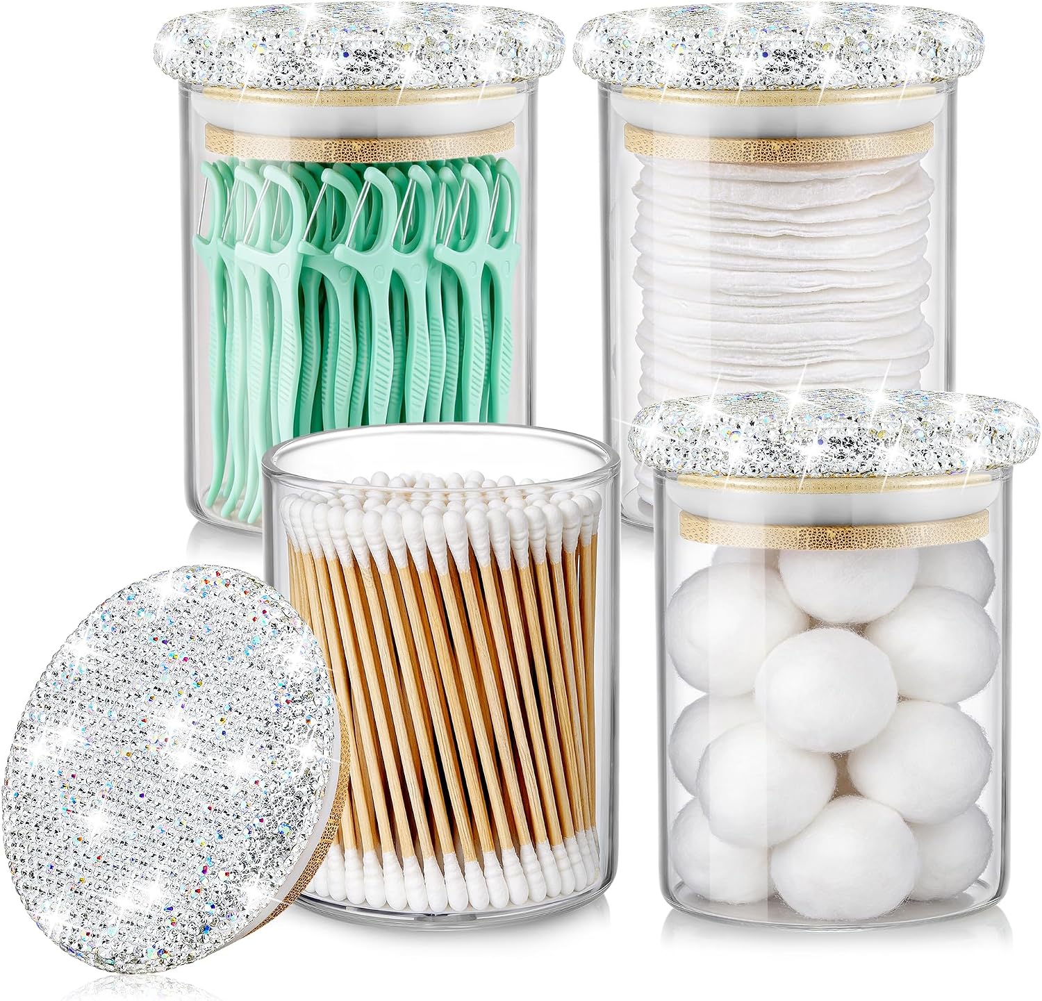 SlowVibes 4 Pack Glass Qtip Holder Dispenser with Bling Rhinestone Bamboo Lids, Bathroom Apothecary Jars with Silicone Seal, Vanity Organizer for Cotton Swabs, Cotton Balls, Floss Picks