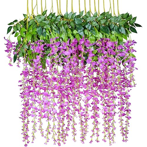 DearHouse 12 Pack 1 Piece 3.6 Feet Artificial Flowers Silk Wisteria Vine Ratta Hanging Flower for Wedding Garden Floral DIY Living Room Office Decor (Purple)