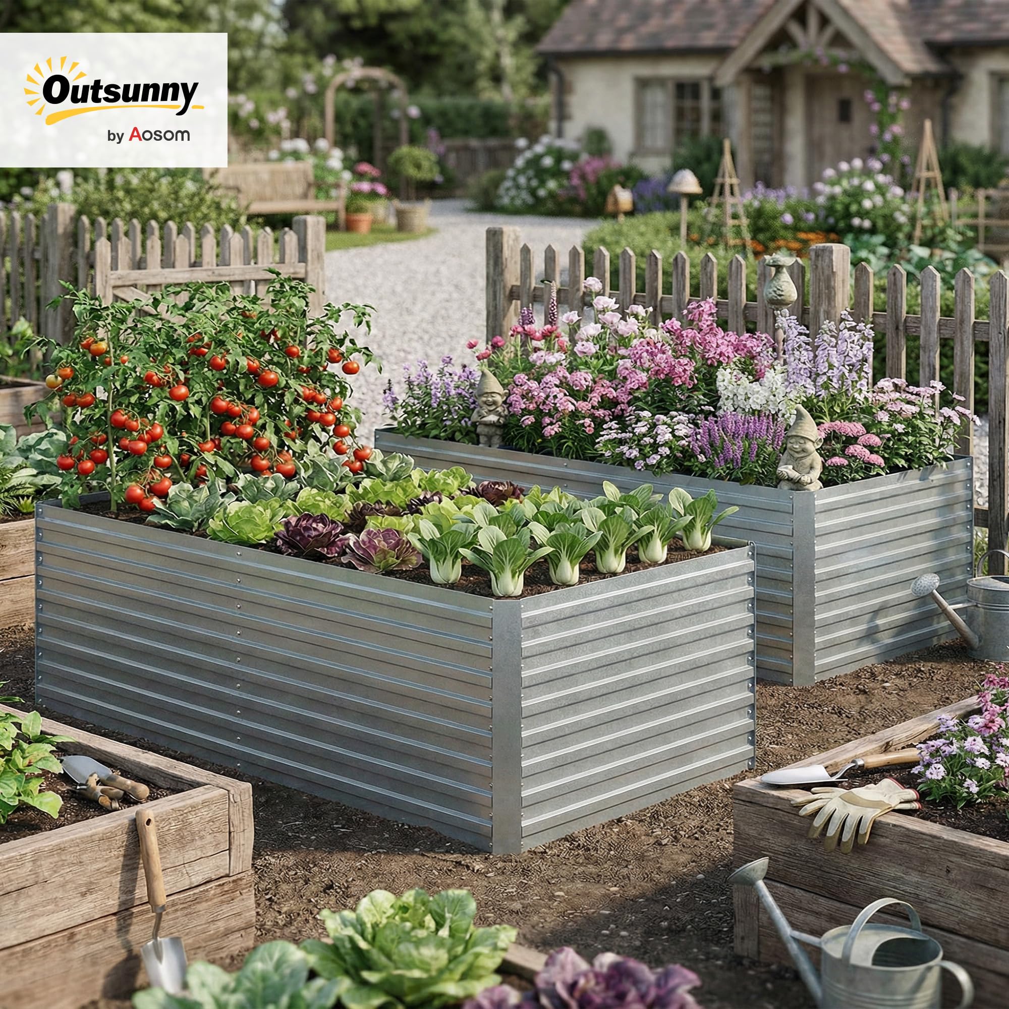 Outsunny Set 2 Orto Rialzato da Esterno in Acciaio Zincato, Cassoni Orto con Fondo Aperto, Guanti, Bordo Sicuro, Barra Rinforzo, Aiuola Rialzata per Frutte Verdure Fiori Giardino, 180x90x60cm, Argento