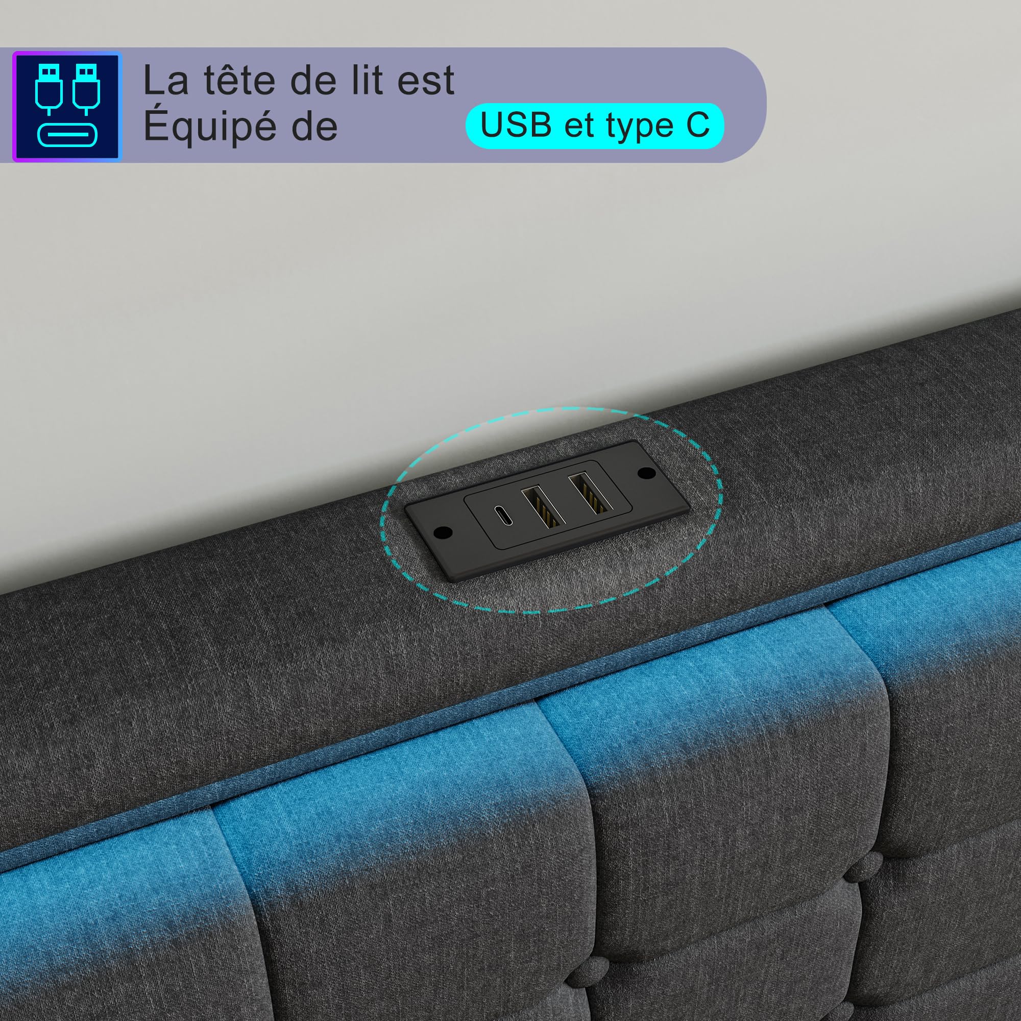Cama Matrimonio 140x200 con 4 Cajones de Hierro, LED en Cabecero y Pie, USB Largo, Gris Oscuro, Cama con Almacenaje, Base Tapizada, Resistente Somier 140, Tela de Lino, Dormitorio