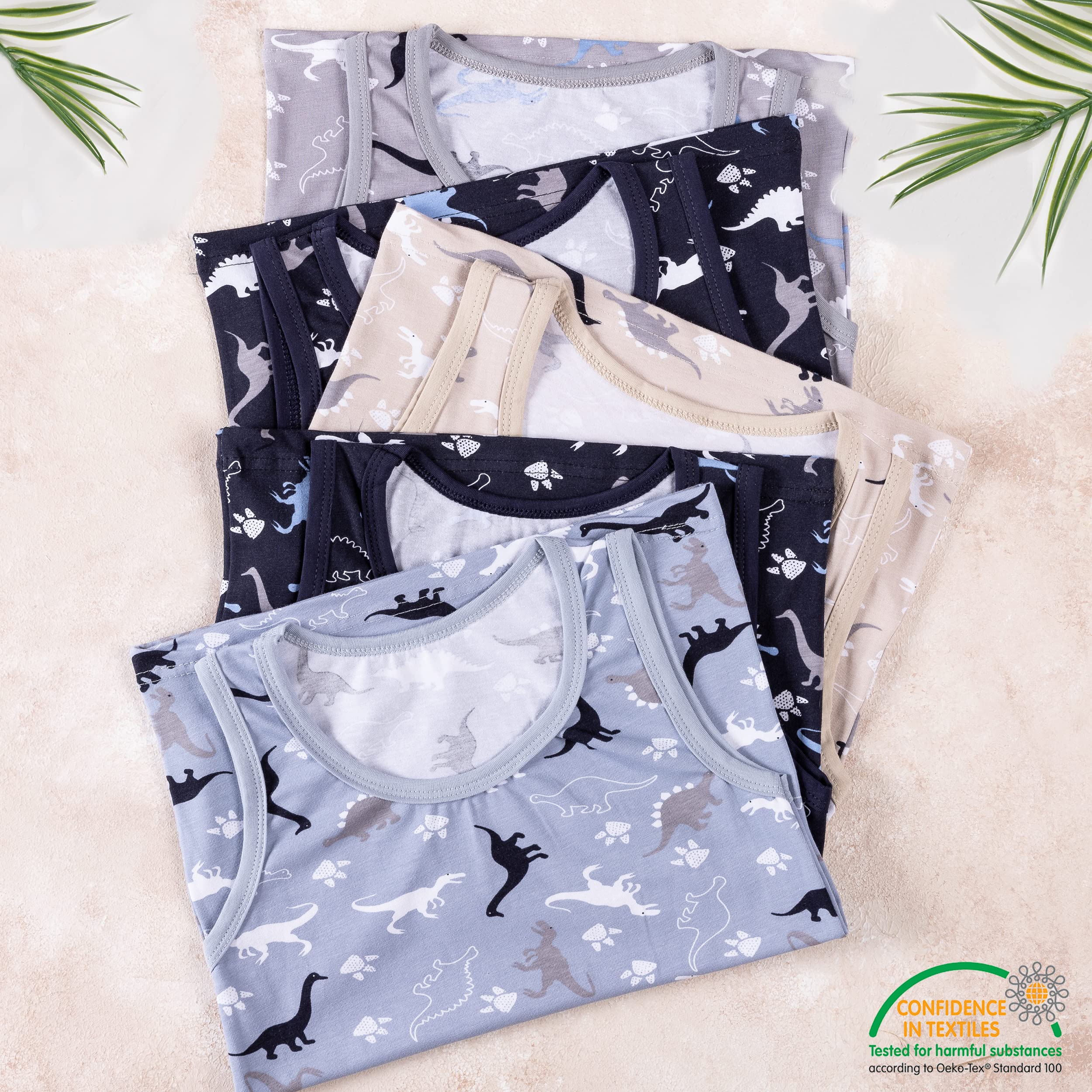 LOREZA ® Camiseta Interior de Tirantes para niño - Algodón - Motivo Dinosaurios - Disponible en Tallas de 2 a 11 años - Pack de 5 Unidades