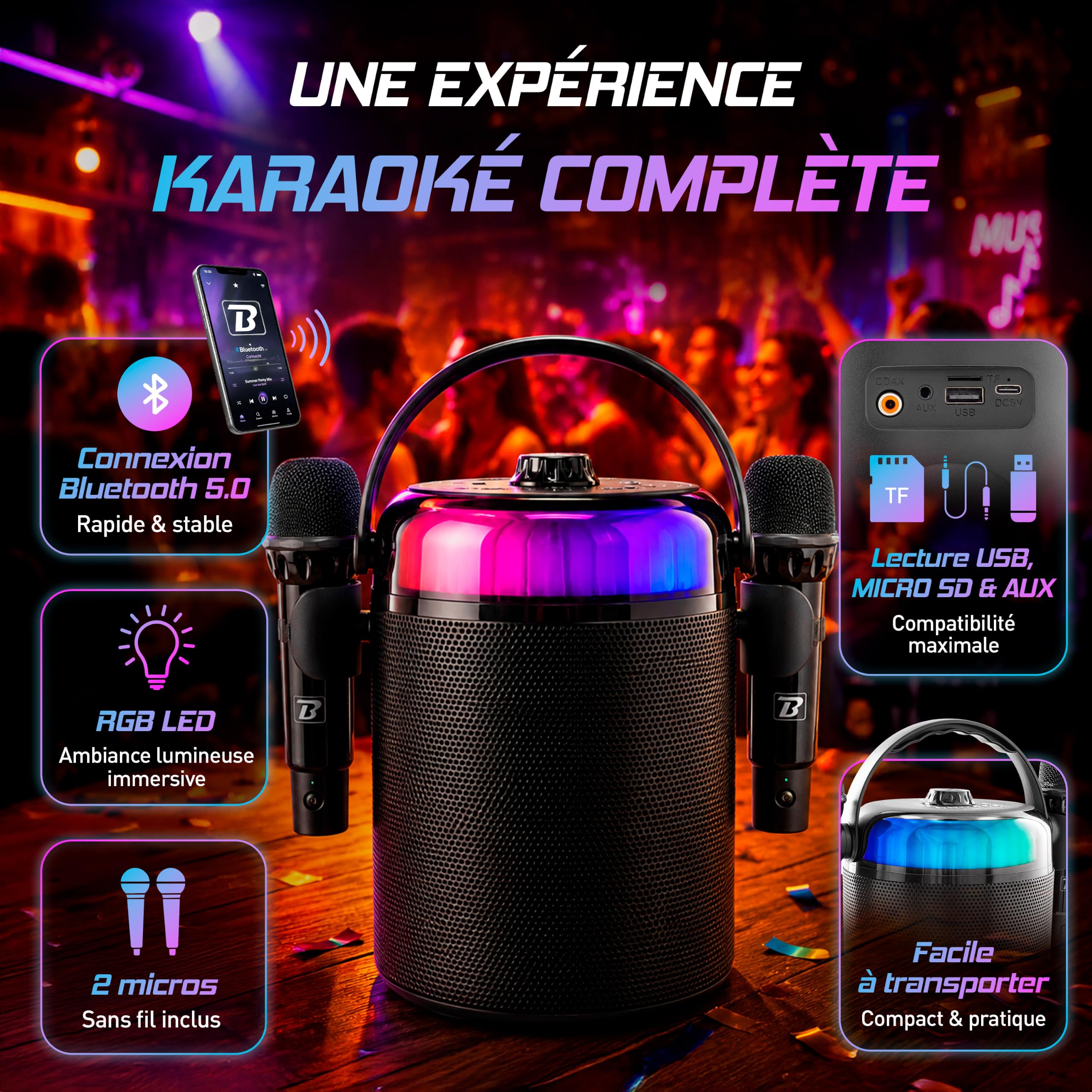 Altoparlante Karaoke portatile con LED, Bluetooth, cambio vocale, BoomTone DJ Star Voice. Viene fornito con 2 microfoni wireless + effetti. Perfetto per feste private, compleanni e intrattenimento.