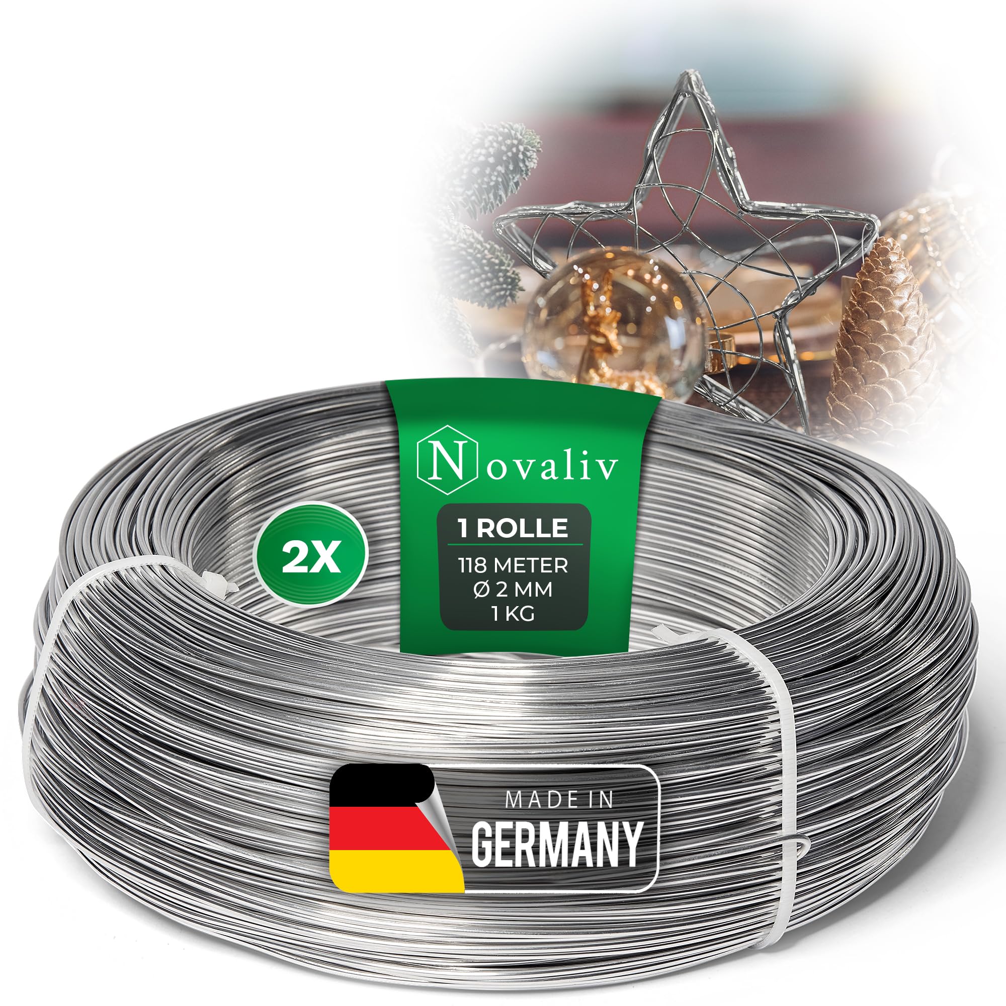 Novaliv Rouleau de Fil en Aluminium 236 m - 2 mm - Argenté - Idéal pour Bricolage et Décorations - 118 m - Décoratif pour Bijoux et Fleurs