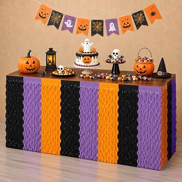 Halloween Decorations - 2 Pack Orange Purple Black Wavy Foil Table Skirts