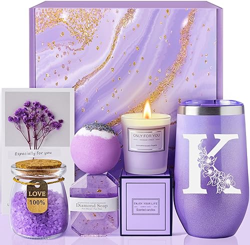 Gifts for Women, Mom, Wife, Girlfriend, Sister, Friends, Her - Unique Birthday, Christmas, Valentine's Day, Mothers Day Gifts - Initial Lavender Spa Gift Basket Set (K)