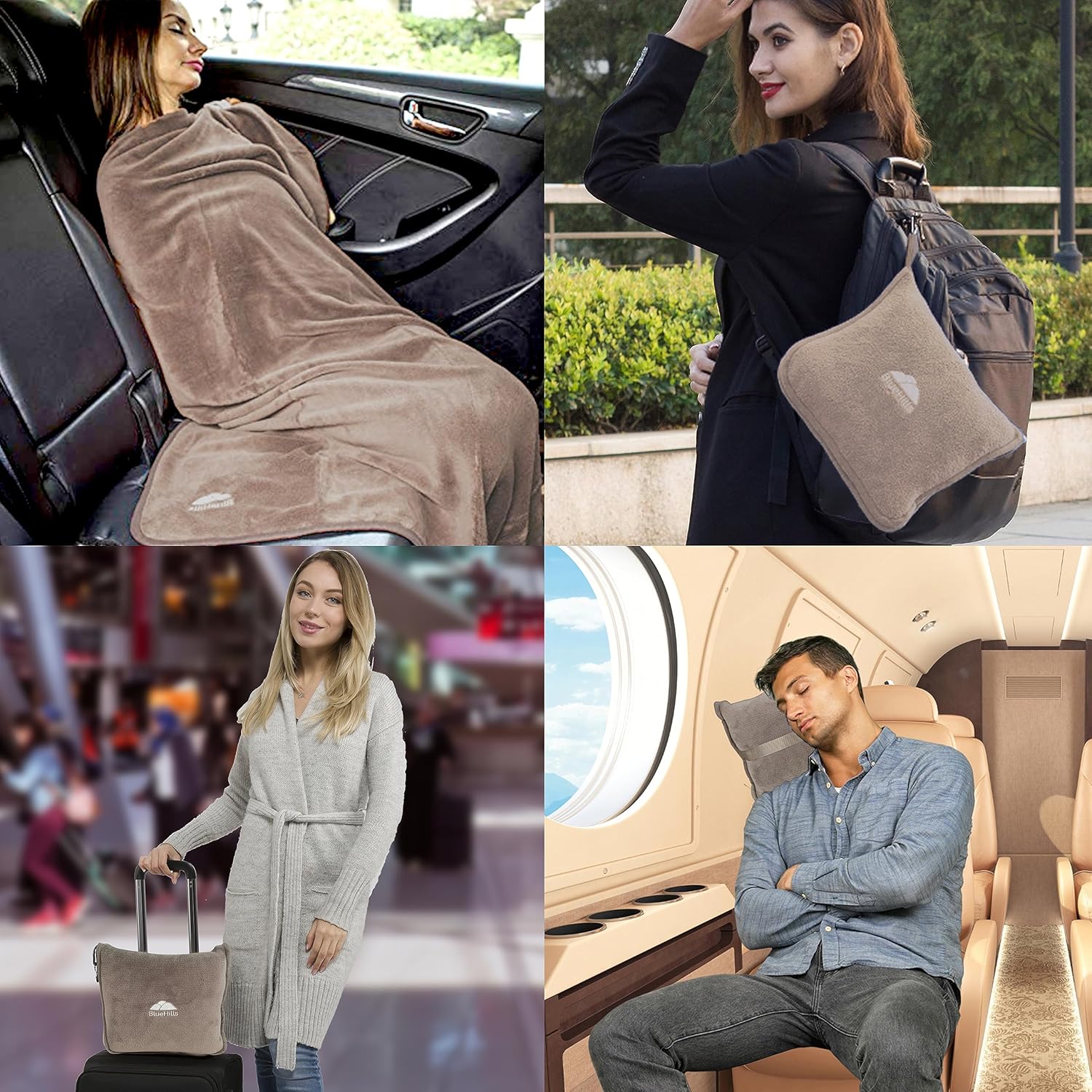 BlueHills Premium Soft Travel Blanket Pillow Airplane Flight Blanket Throw in Soft Bag Pillow case with Luggage Belt & Backpack Clip Compact Pack Large Airport Taupe T023 - Image 2