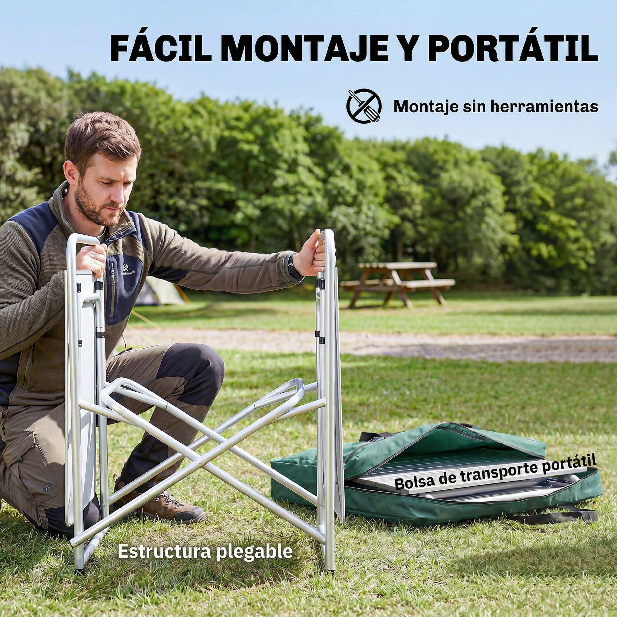 Outsunny Mueble Cocina Camping Armario Camping Plegable con Mesas Armarios Ganchos Estructura de Aluminio Poste de Luz Ajustable Paravientos y Bolsa de Transporte para Acampada 172x48x130 cm Verde