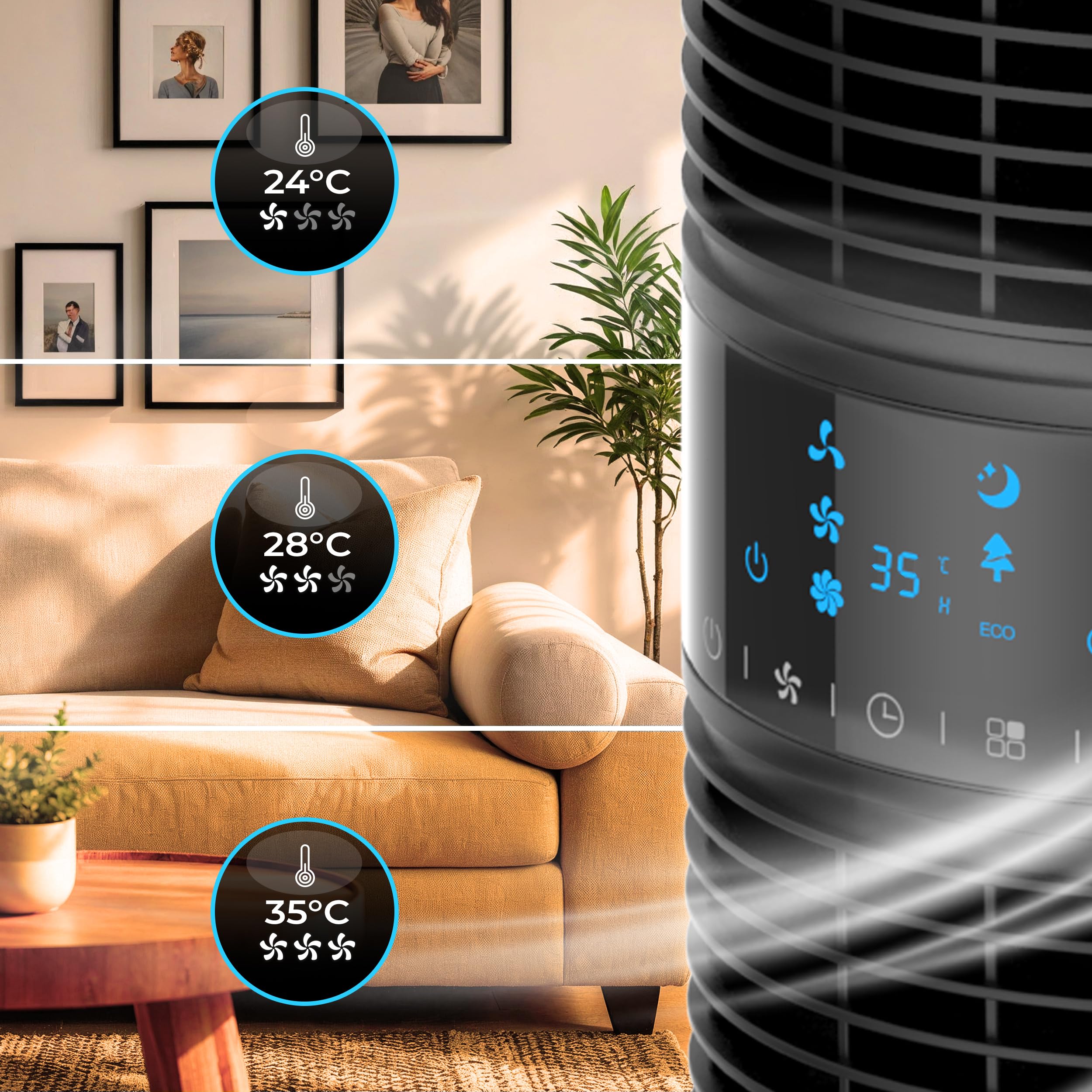 Turmventilator FLOW 360 Dual Air 360° 3 Stufen Timer 8h 96,8 cm Oszillierend 90° 45W Tower Fan Ventilator leise mit Fernbedienung Standventilator groß Ventilator Schwarz