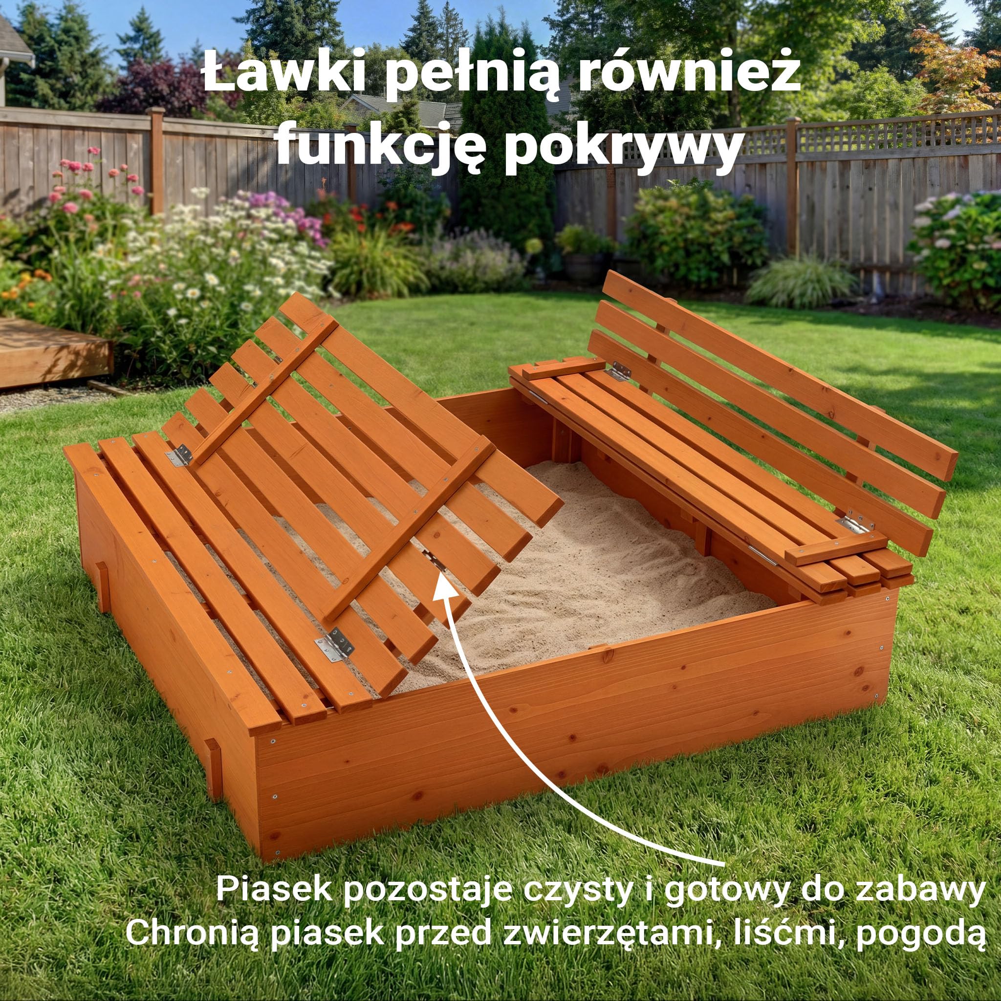 Wiltec Drewniana piaskownica z zamykaną pokrywą i ławeczkami 98 x 98 x 21 cm do ogrodu dla dzieci, trwałe zamykane miejsce do piasku w ogrodzie dla zabawy
