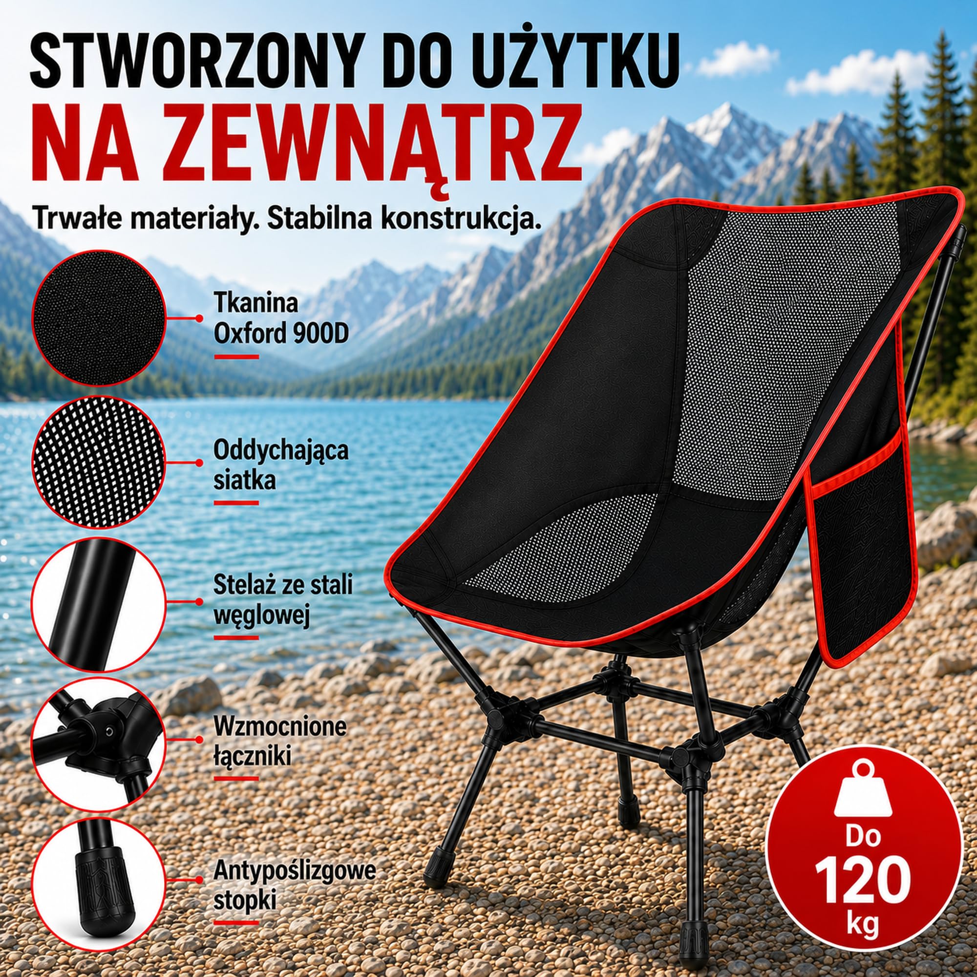 Składane Krzesło Kempingowe Lekkie 1,59 kg, Przenośny Moon Chair 900D z Torbą i Kieszenią Boczną, na Plażę Wędkowanie Piknik Ogród do 120 kg