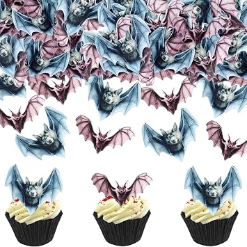 Ercadio 40Pcs Edible Wafer Paper Halloween Bats Cupcake Toppers Bats Cake Drink Topper Picks Horror Bats Cupcake Decors for Halloween Theme Baby Shower Party Decoration