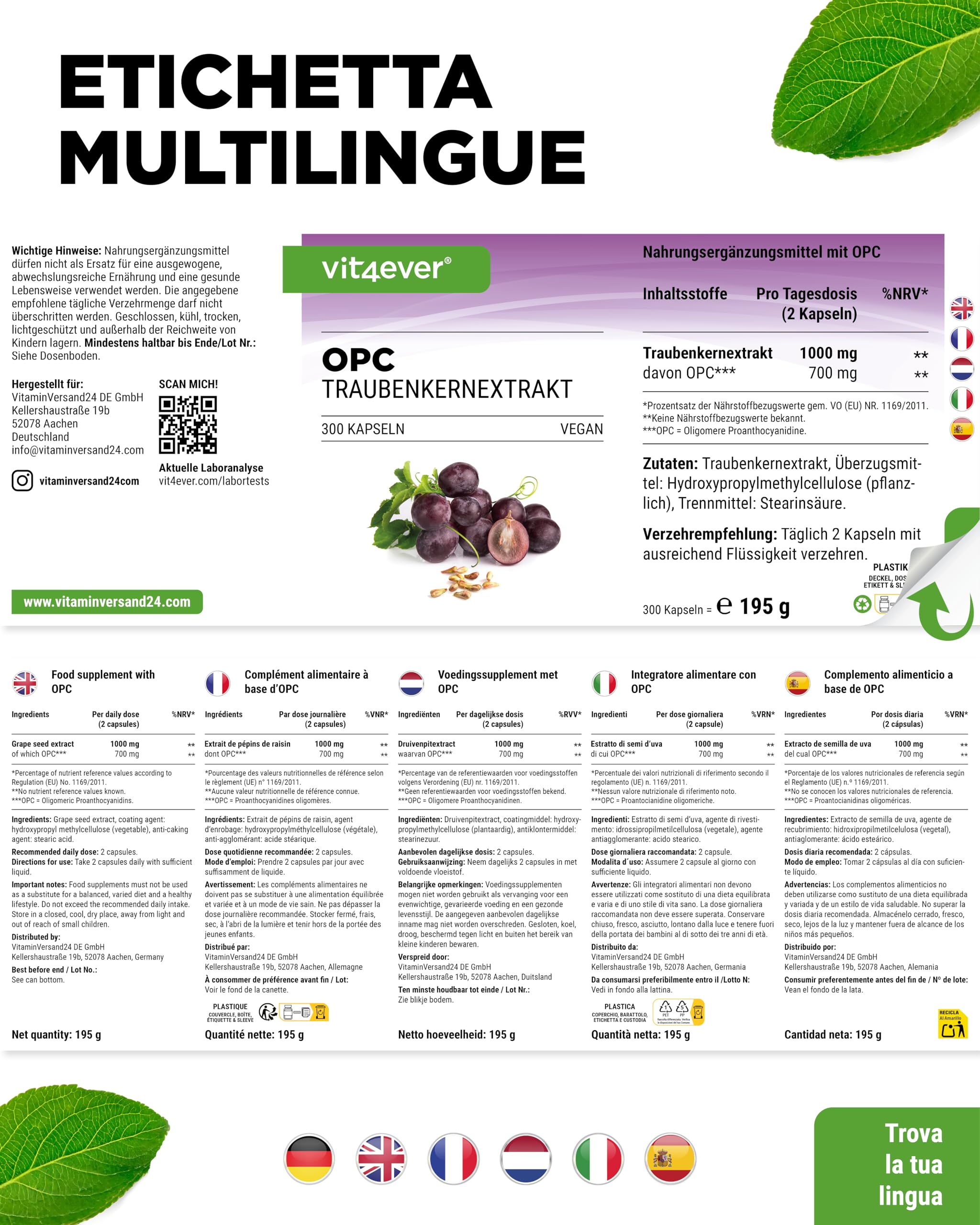 vit4ever OPC Estratto di semi d’uva - 300 capsule - 1000 mg di estratto con 700 mg di OPC - Massimo tenore secondo HPLC - Da uve europee - Vegano - Ad alto dosaggio