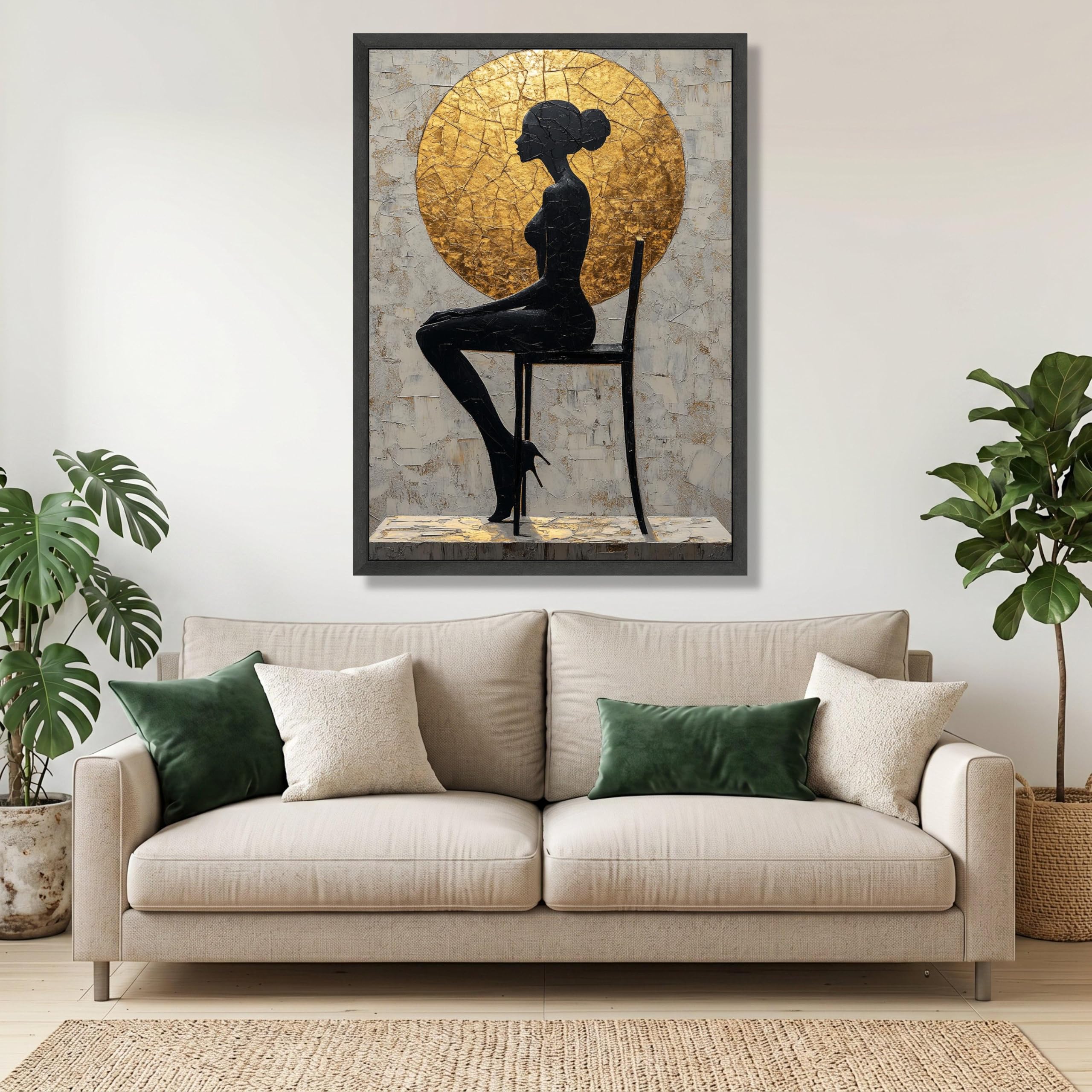 Lmycheng Frameless Golden Circle Wall Art, Woman Profile Silhouette Canvas Prints, Minimalist Oil Painting, Black And Gold Canvas Art(70X110cm/Frameless)