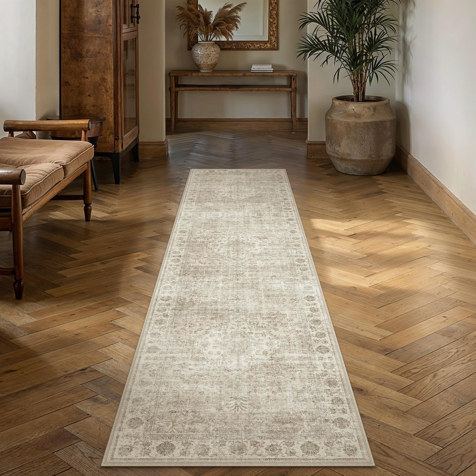 PureCozy Vintage Hallway Runner Rug 60x240cm Beige Carpet Machine Washable Non Slip Runners Rugs Kids Bedroom Bedside Kitchen Hall Office Playroom Indoor Low Pile Carpets