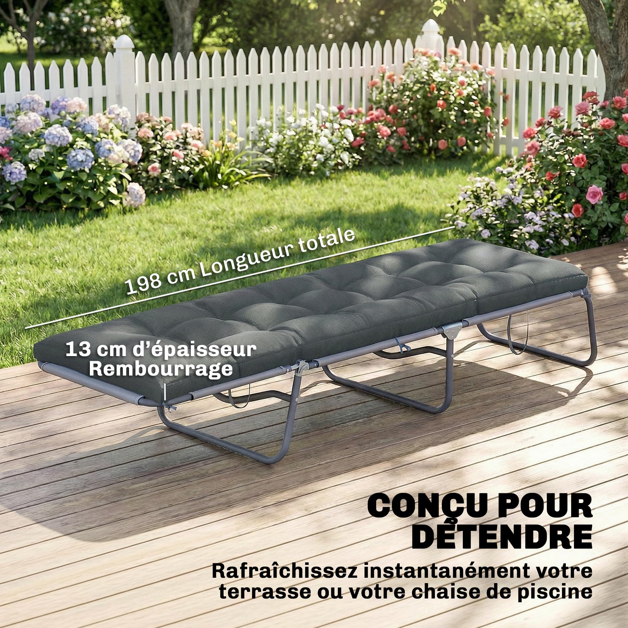 Outsunny Coussin Bain de Soleil Chaise Longue en Mousse à Mémoire, avec Sangles de Fixation, Protection UV50+, Coussin de Banc Matelas Assise pour Canapé Banc de Jardin, 198x65x13cm, Gris foncé