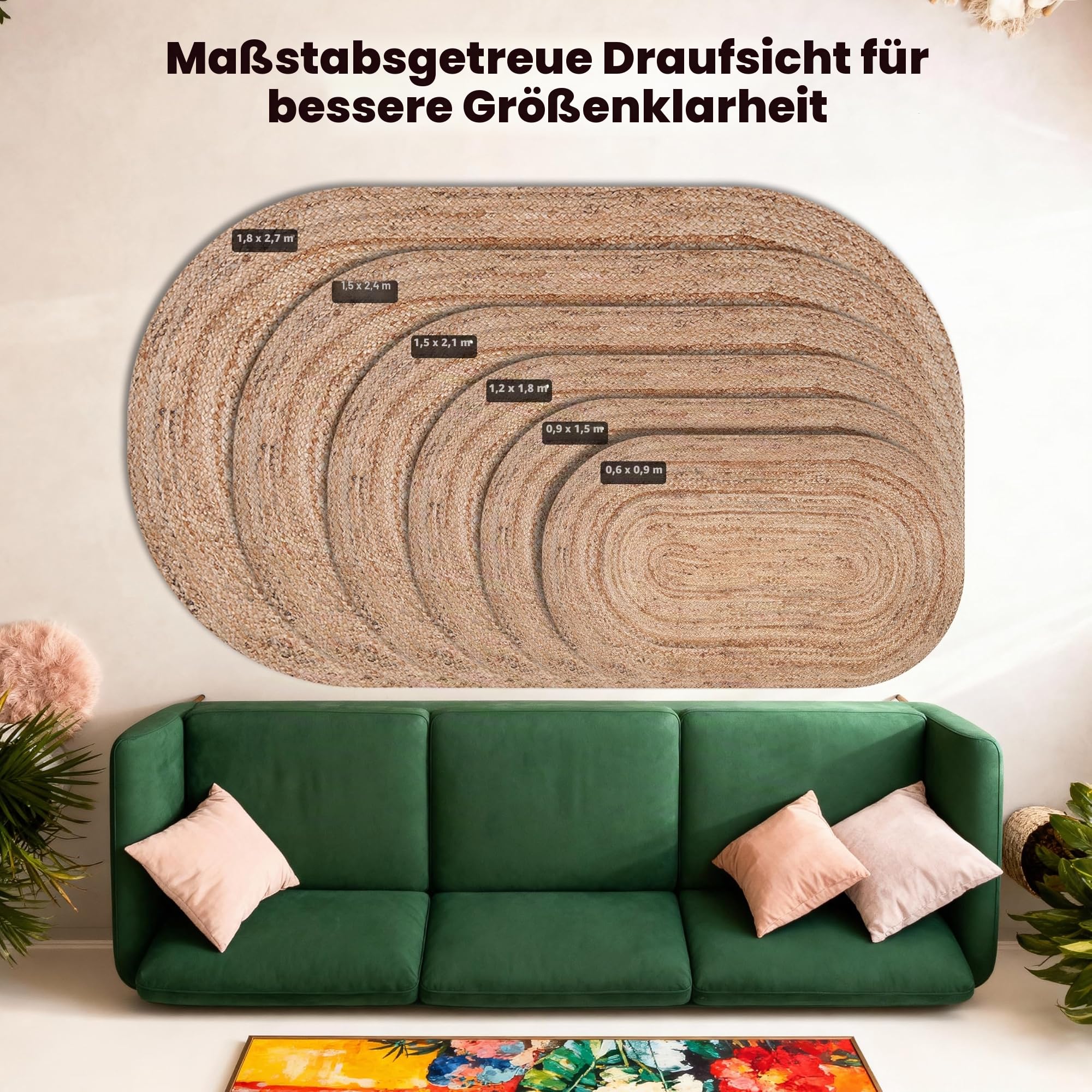 Craft Trade Handgewebt Natur Boho Jute Teppich Reversibel Geflochten Waschbarer Oval Juteteppich für Küche Wohnzimmer und Schlafzimmer- 90x150 cm