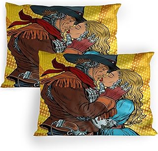 Ambesonne Western Pillow Sham Set of 2, Steampunk Robots Western Style Cowboy Kisses The Girl Illustration Print, Quality Microfiber Bedding Item for All Seasons, 36