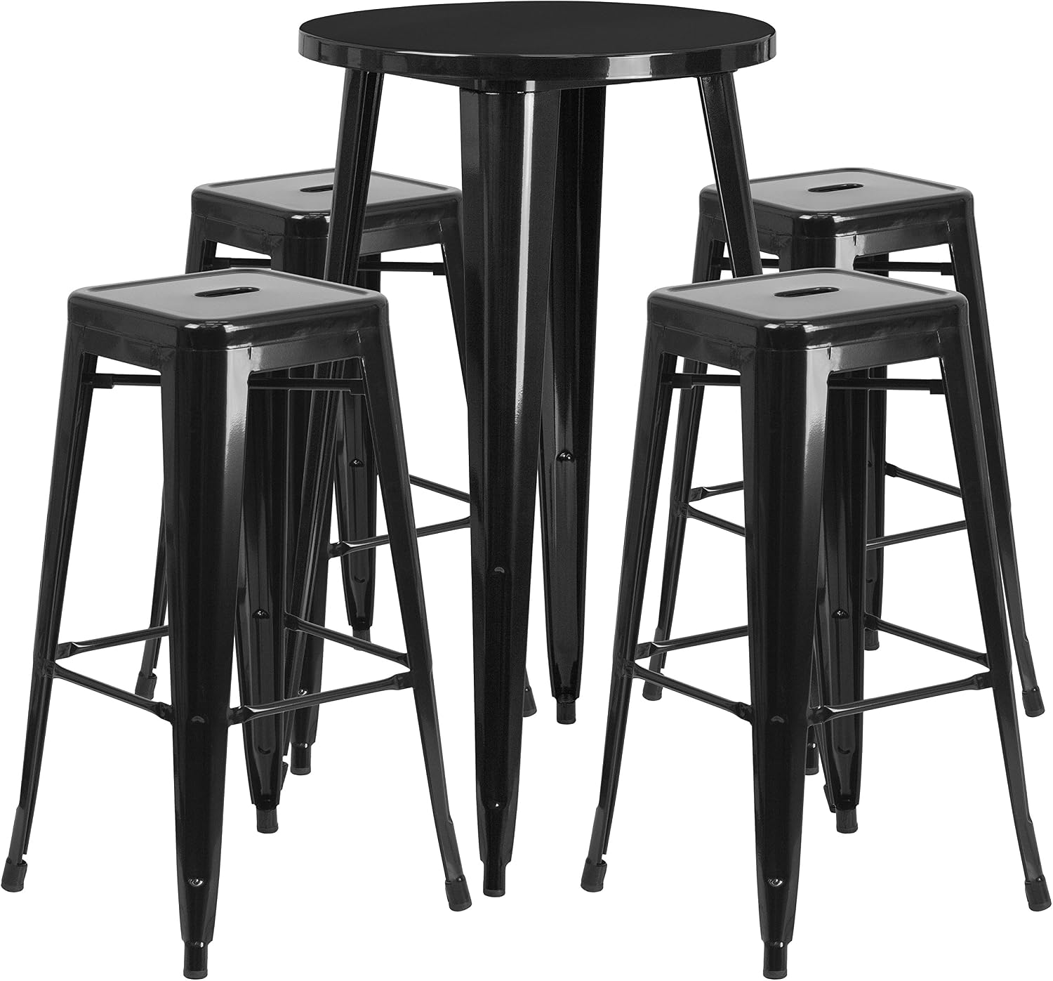 Merrick Lane Giosetta 5 Piece Table and Chairs Set - Black Powder Coated Frames - 24" Round Bar Height Table - 4 Backless Barstools - Rubber Floor Glides