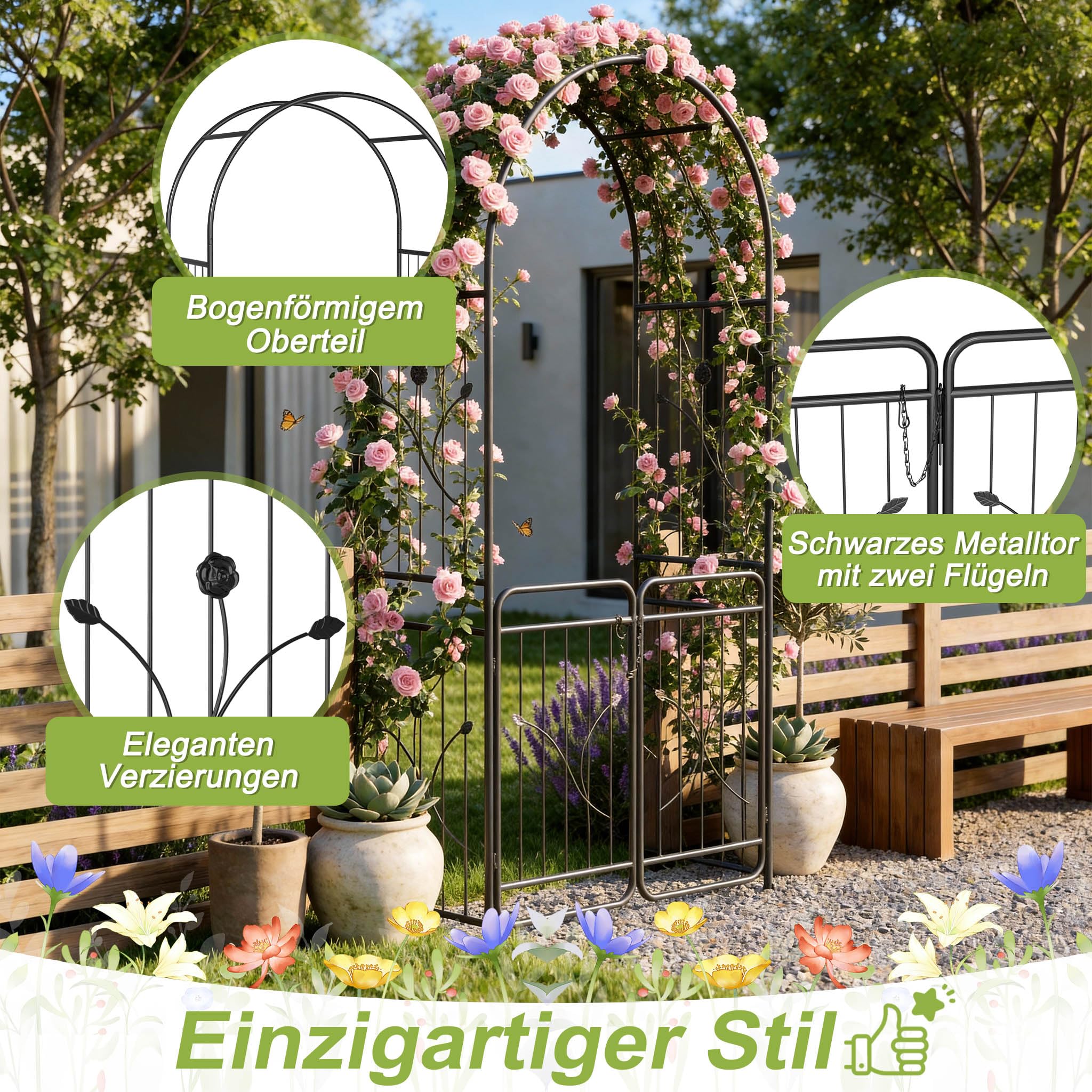 Aufun Rosenbogen mit Tür 220 cm, Metall Gartenbogen mit Rankgitter, Abschließbares Gartentor, Pulverbeschichteter Stahl, Wetterfest & Stabil, Rankhilfe für Kletterpflanzen, Hochzeit & Garten, Schwarz