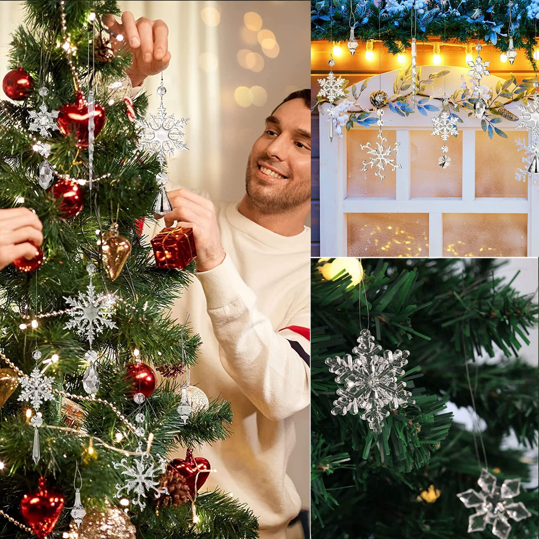 Décorations De Noël En Cristal Acrylique - Lot De 59 Pendentifs (flocons, Gouttes, Fées...) Avec Fil Argenté Pour Sapin, Maison, Mariage D'hiver