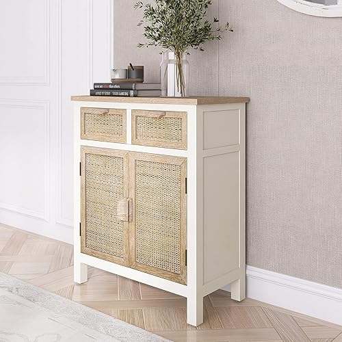 Miniatura 4 de NewCosmos Armario de madera con 2 cajones y 2 puertas, gabinete de almacenamiento vintage para entrada, sala de estar