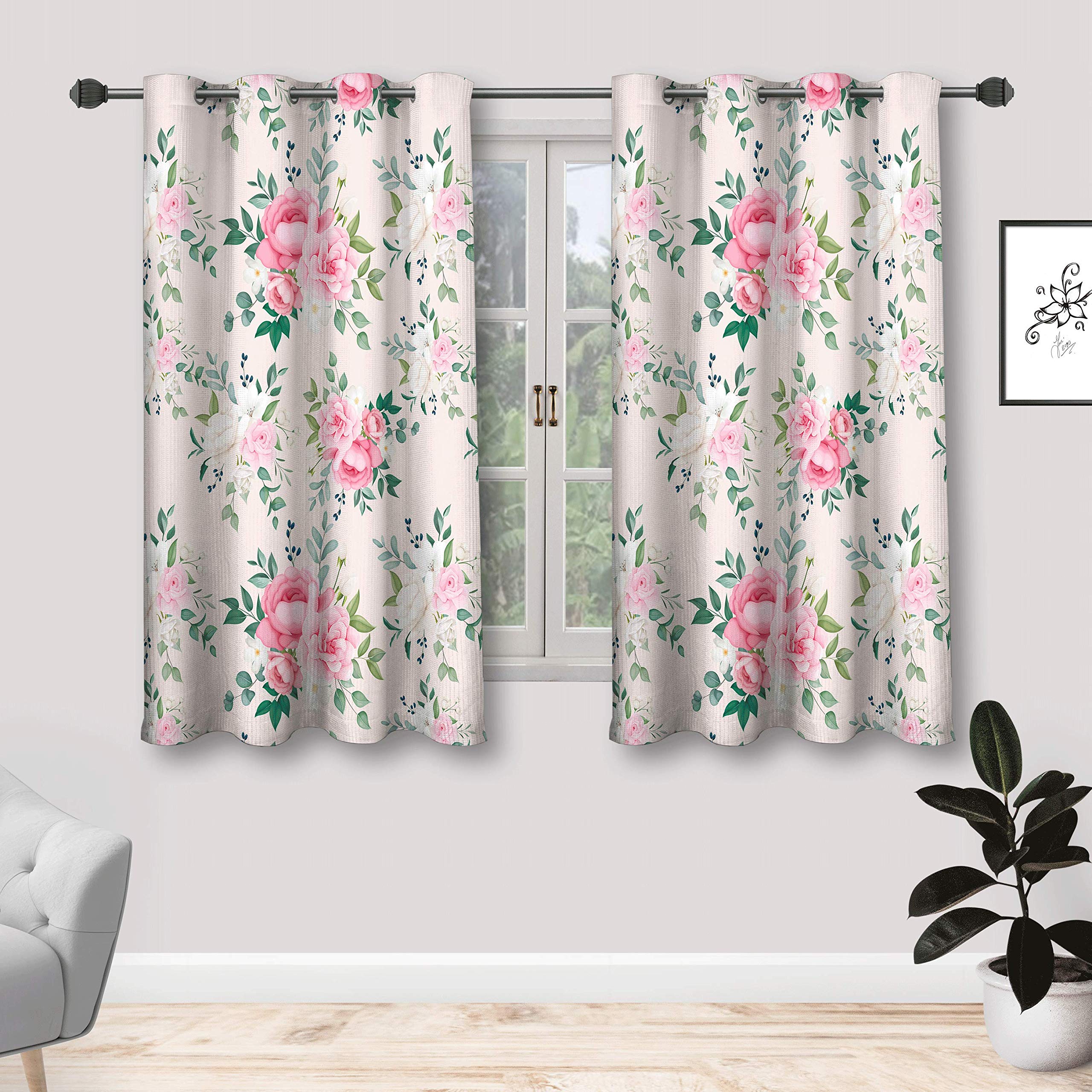 StyleWorth 2 Piece Pink Color Flower 3D Digital Printed Polyester Eyelet 4 x 5 feet Window Curtains