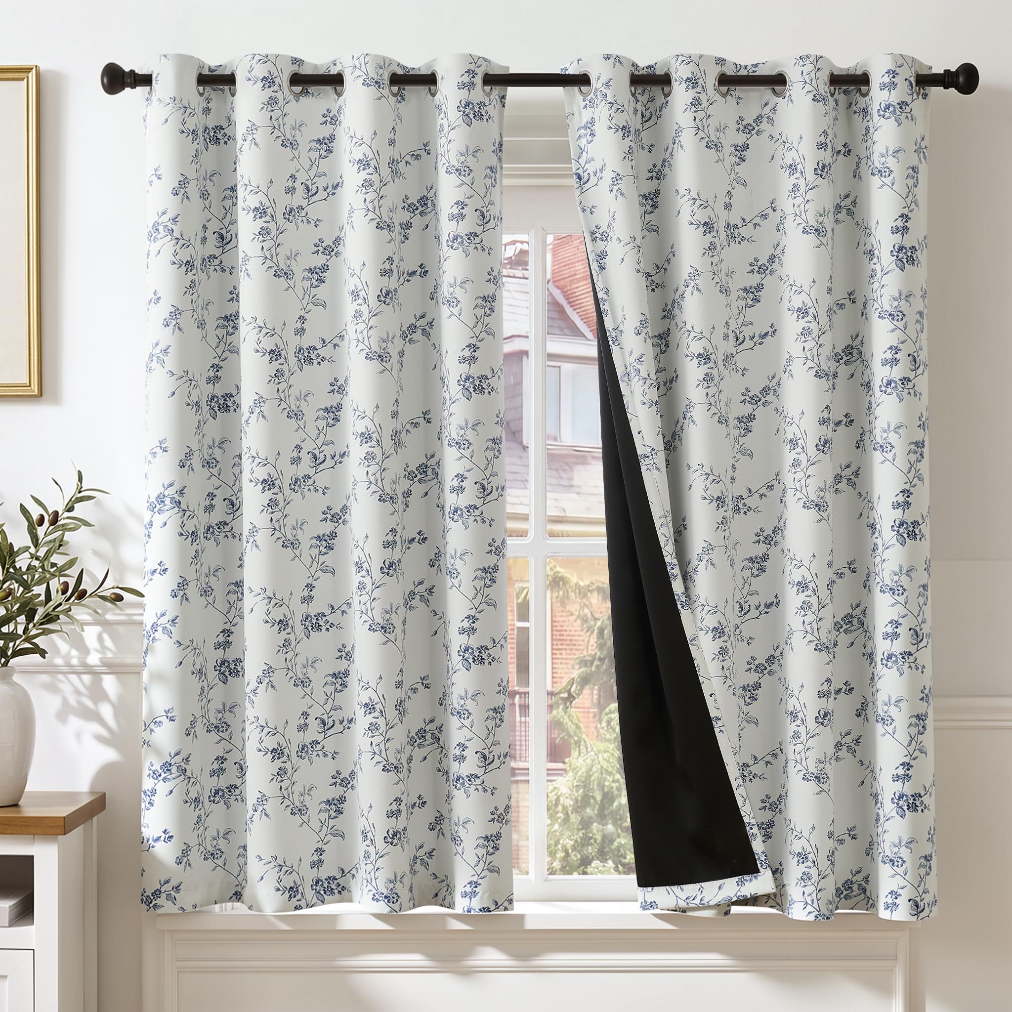 TOPICK 100% Blackout Vintage Floral Curtains for Bedroom W52xL54 Navy Blue