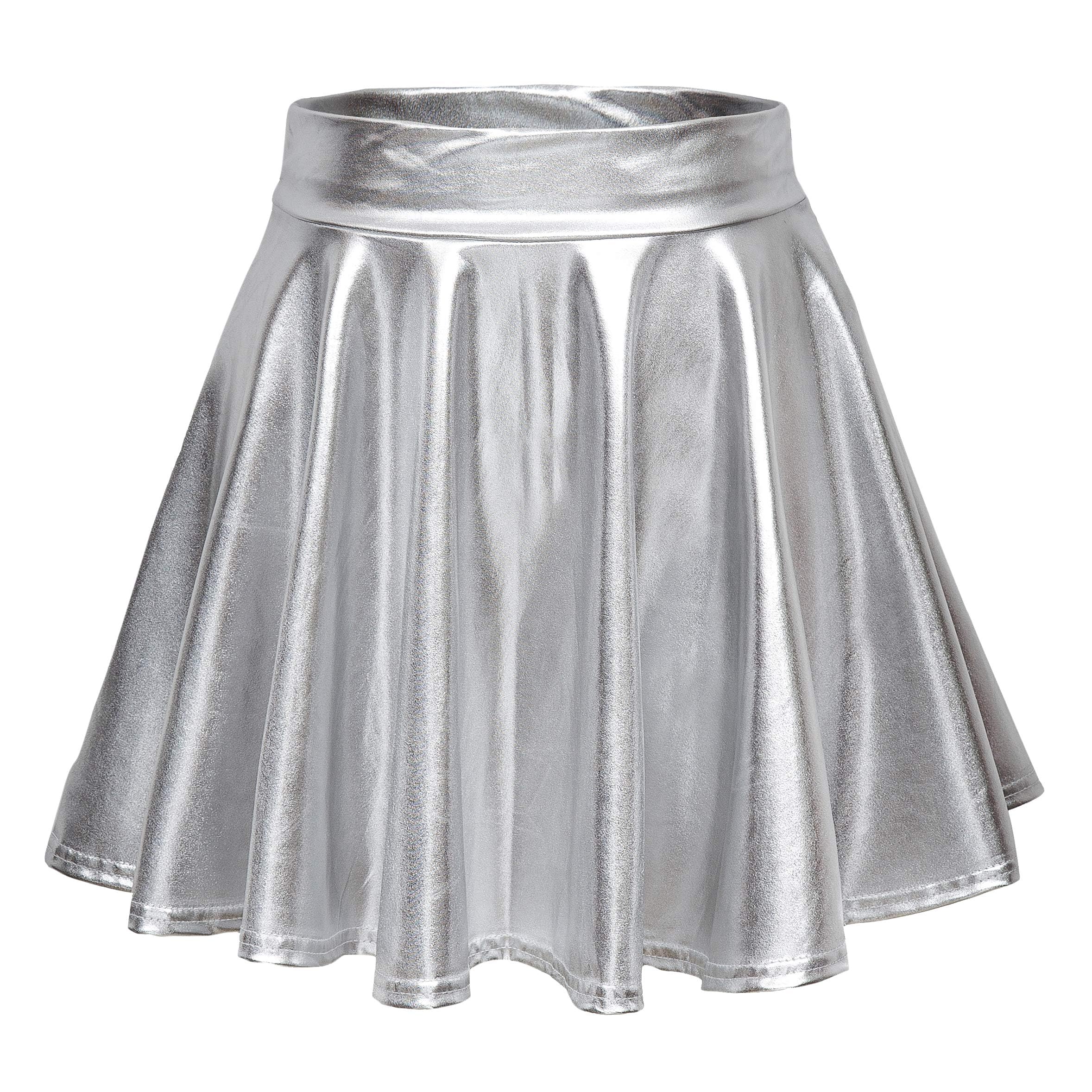 EXCHIC Women's Shiny Metallic Wet Look Mini Skirt Elastic Waist Flared Skater Skirts(S, Silver)