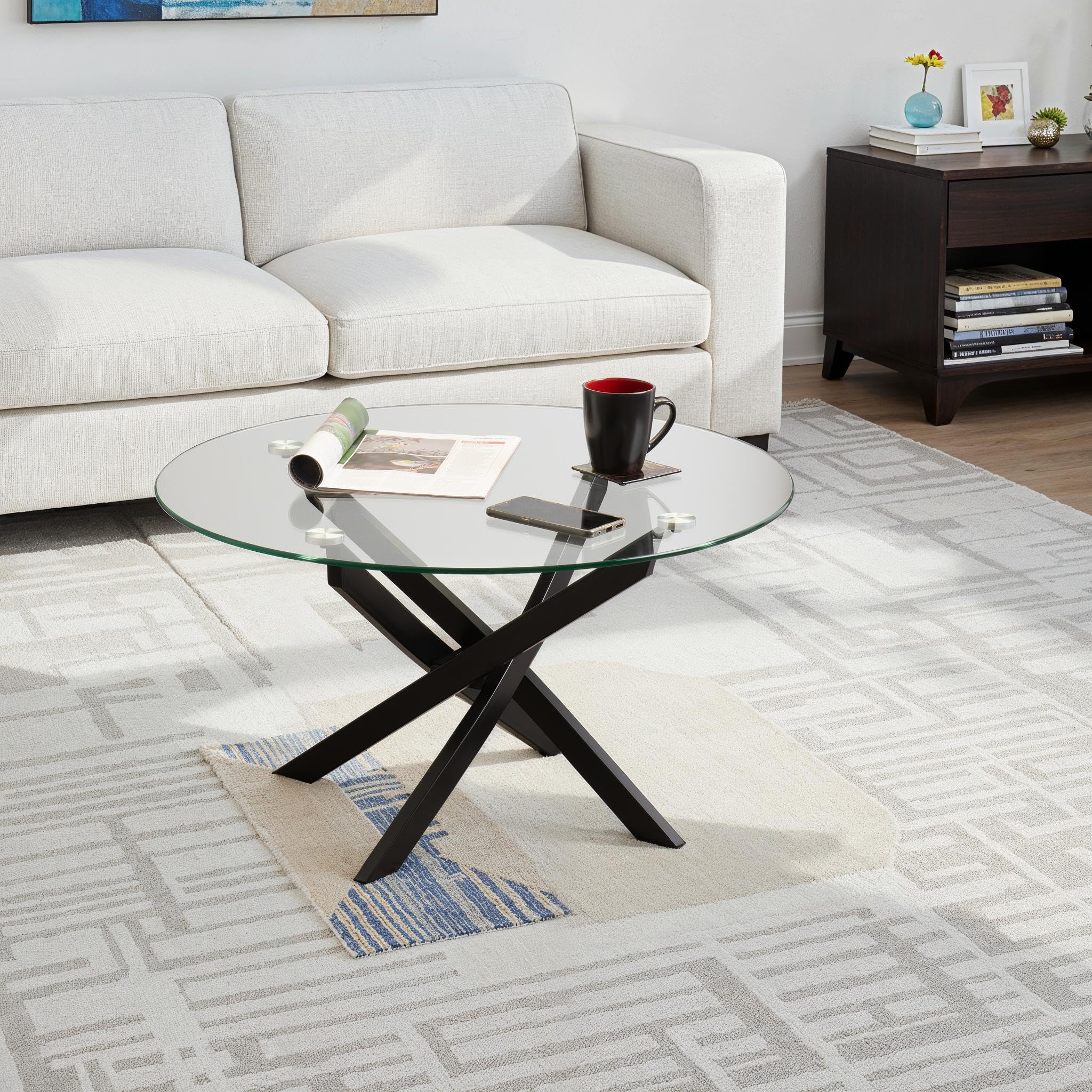 Seconique - Coffee Table - Round - Black Metal Legs - Clear Glass