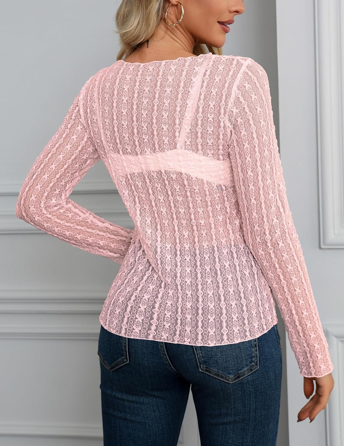 OMSJ Womens Lace Floral Mesh Tops Long Sleeve Sexy See Through Blouse Round Neck Layering Top Shirts - Image 5