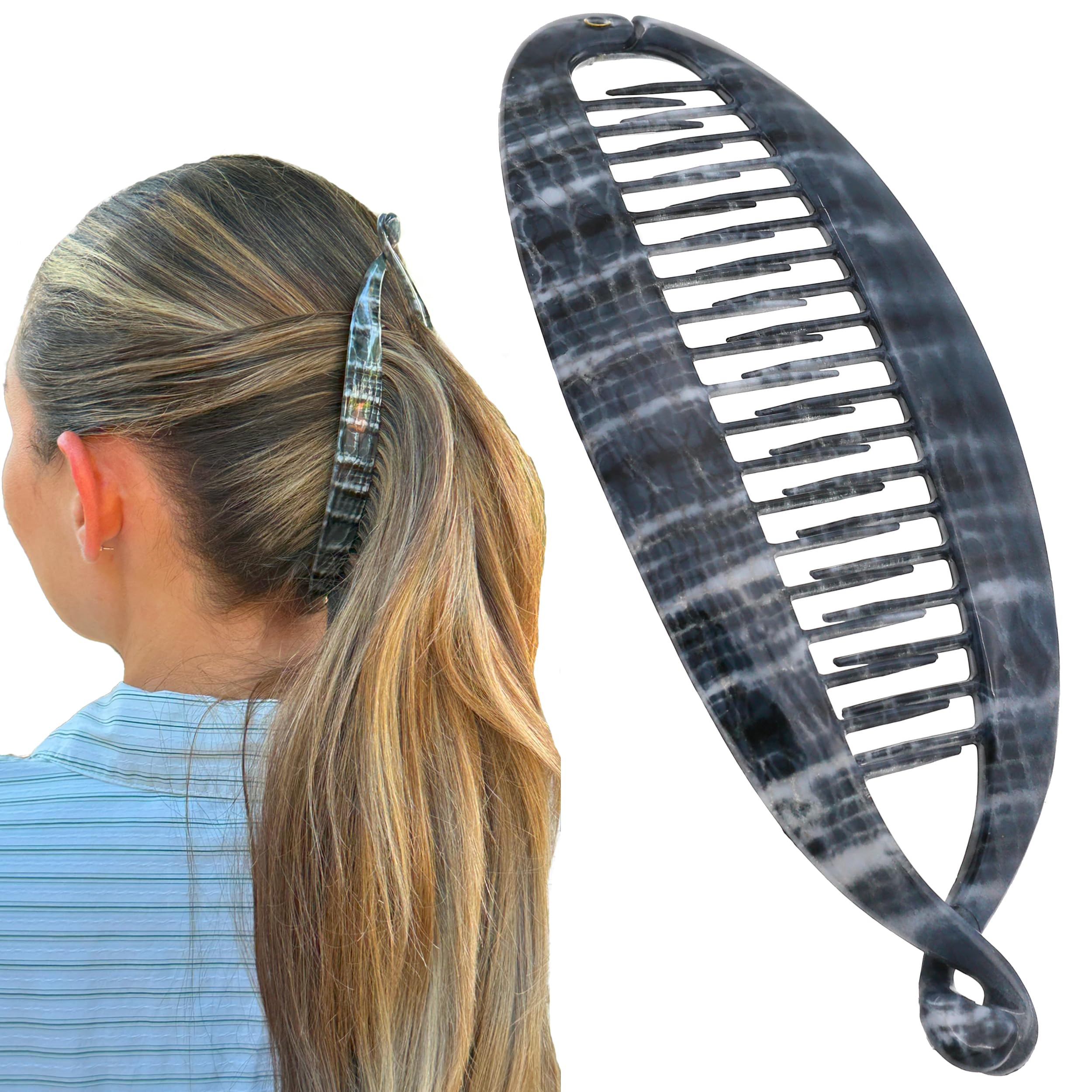 Camila Paris CP3100 French Extra Large Banana Clip Hair Comb, Gray Classic Banana Clips Hair for Thick Hair Ponytail Holder Interlocking Styling Clips