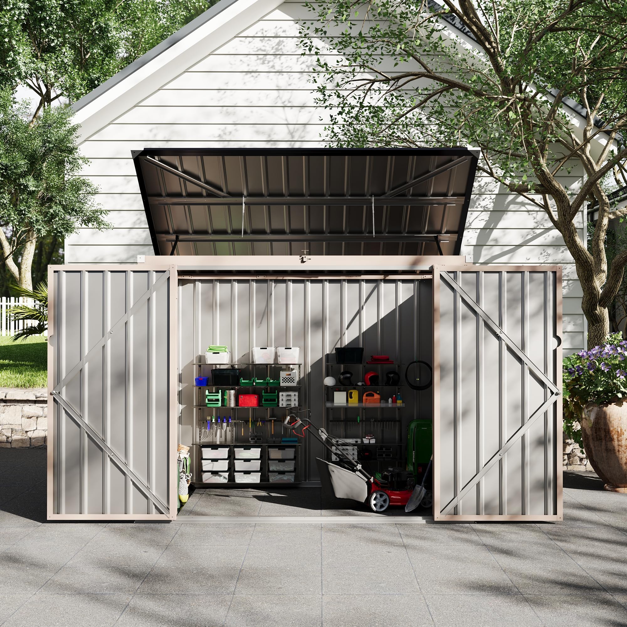 Coffre De Rangement Extérieur en Métal-2 Portes-Le Haut Peut s'ouvrir | Étanche Et Anti-Rouille, Couvercle à Chaîne Sécurisé, Idéal Pour Jardin, Terrasse Et Patio